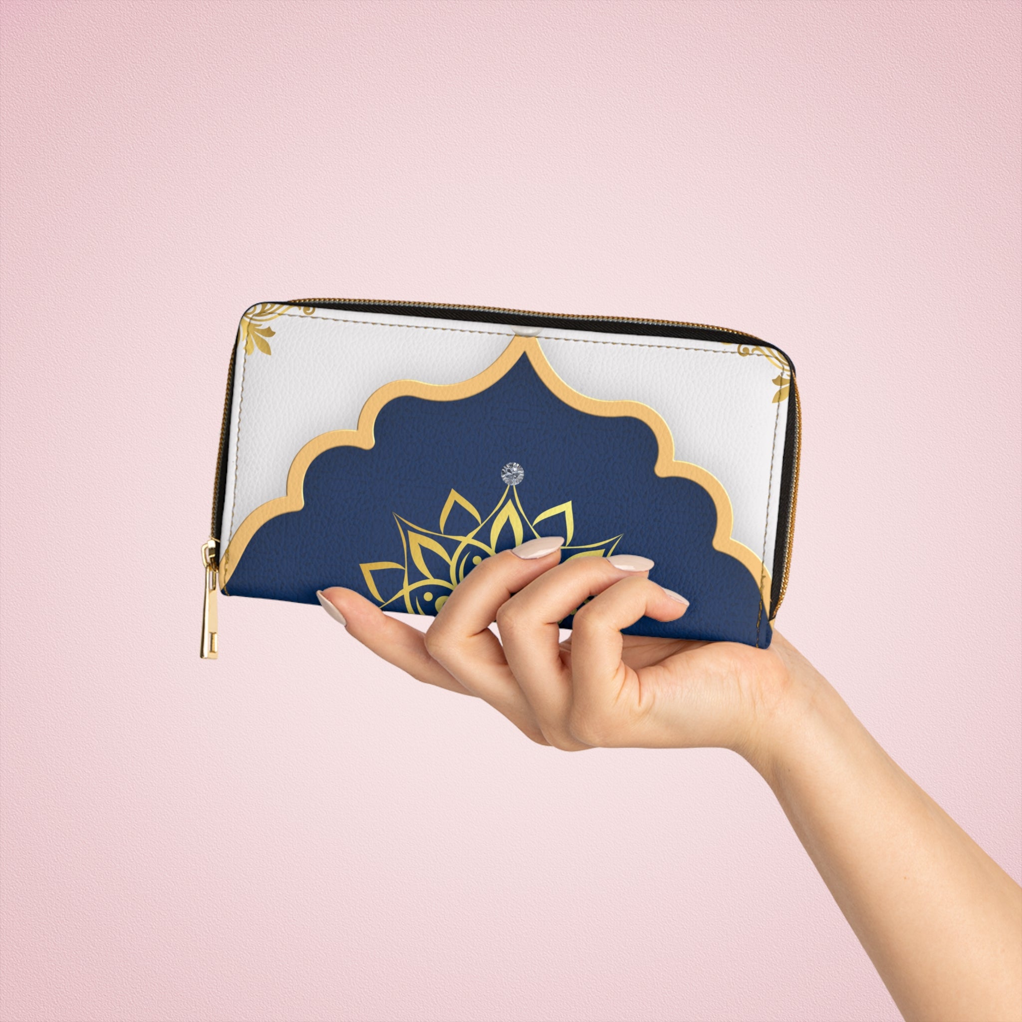 Navy & Gold Mandala Zipper Wallet — Elegant Floral Zip Wallet