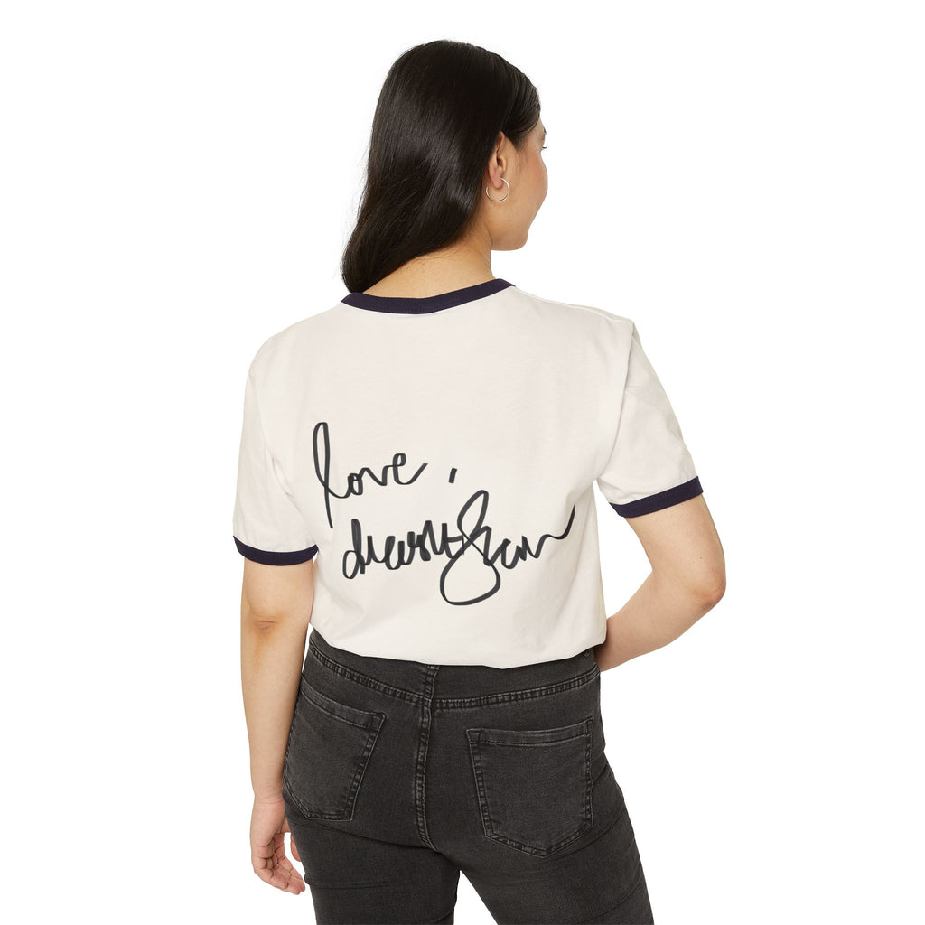 Vintage Glam Ringer Tee — "love, drashti shah" Signature Back
