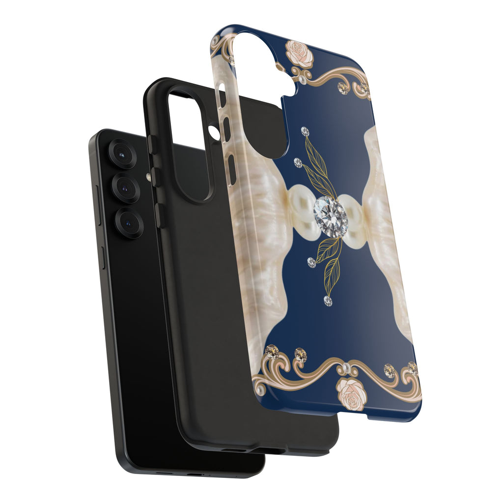 Navy Pearl & Diamond Phone Case — Elegant Floral Baroque Tough Case