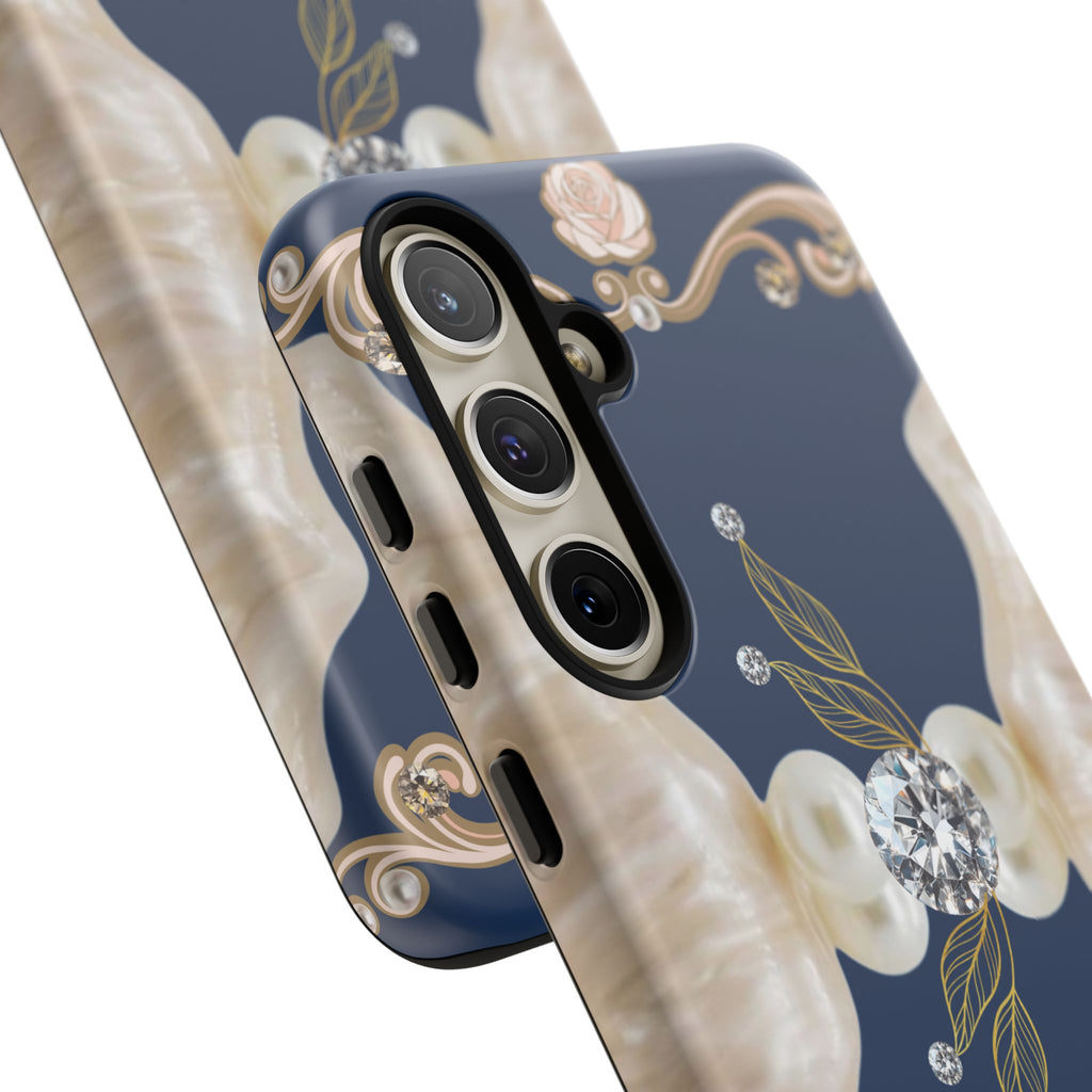 Navy Pearl & Diamond Phone Case — Elegant Floral Baroque Tough Case