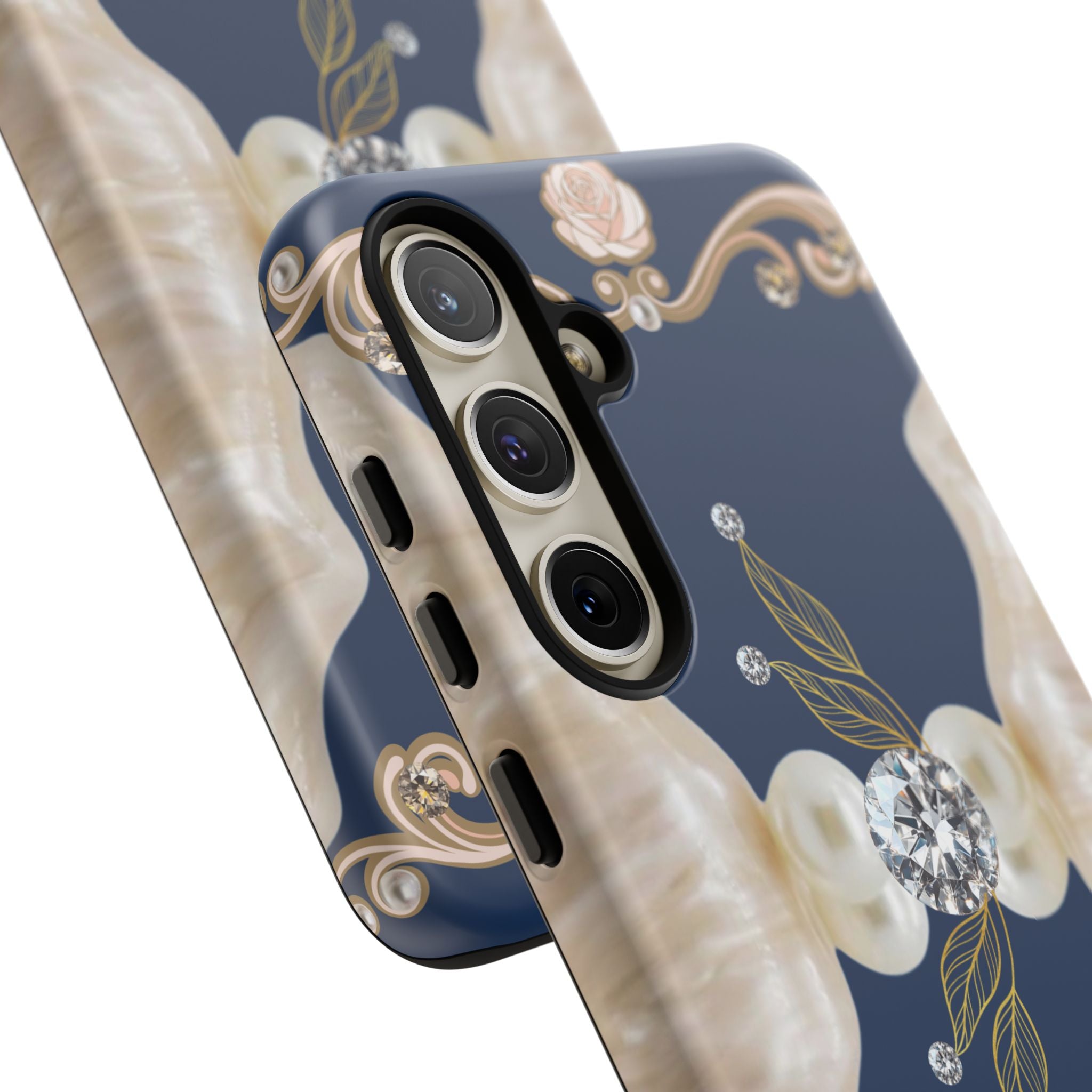 Navy Pearl & Diamond Phone Case — Elegant Floral Baroque Tough Case