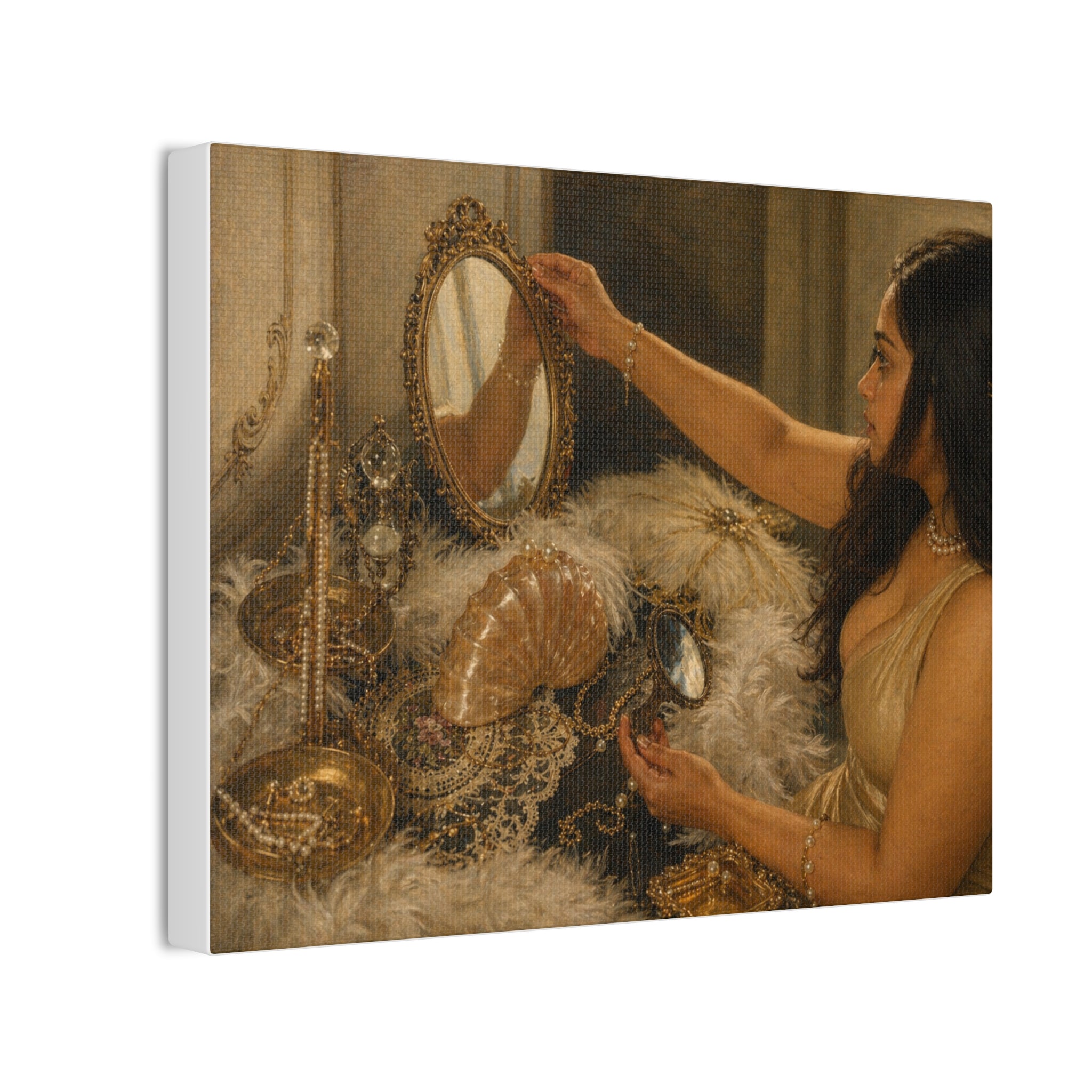 Vintage Vanity Art Print Canvas — Woman at Mirror Stretched Canvas Wall Art