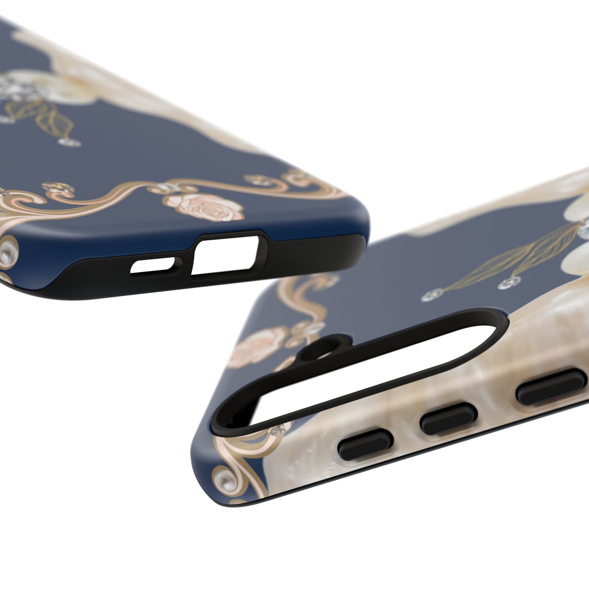Navy Pearl & Diamond Phone Case — Elegant Floral Baroque Tough Case