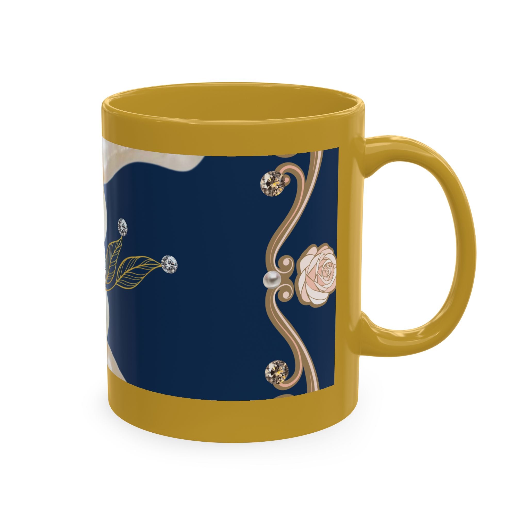 Pearl & Diamond Navy Ceramic Mug — Elegant Vintage Jewelry Design