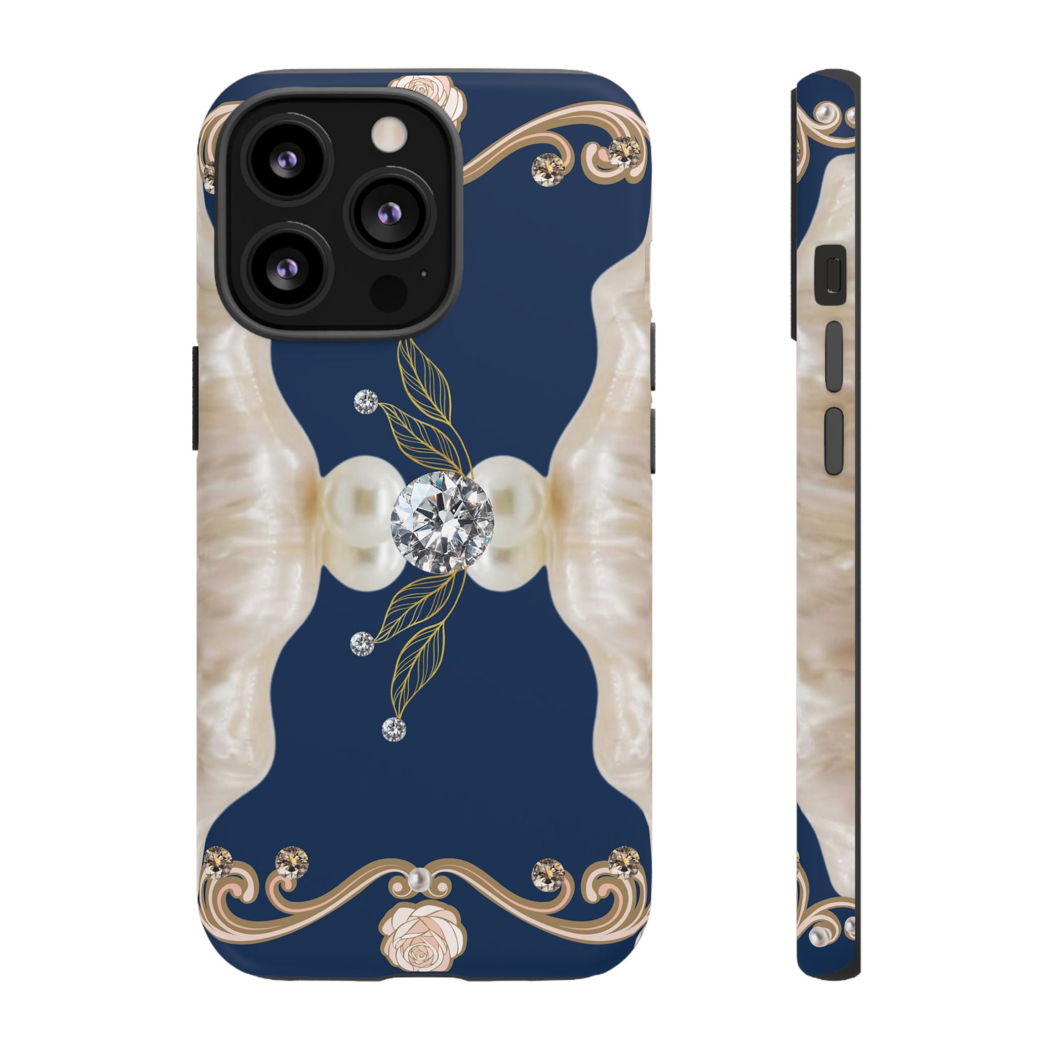 Navy Pearl & Diamond Phone Case — Elegant Floral Baroque Tough Case