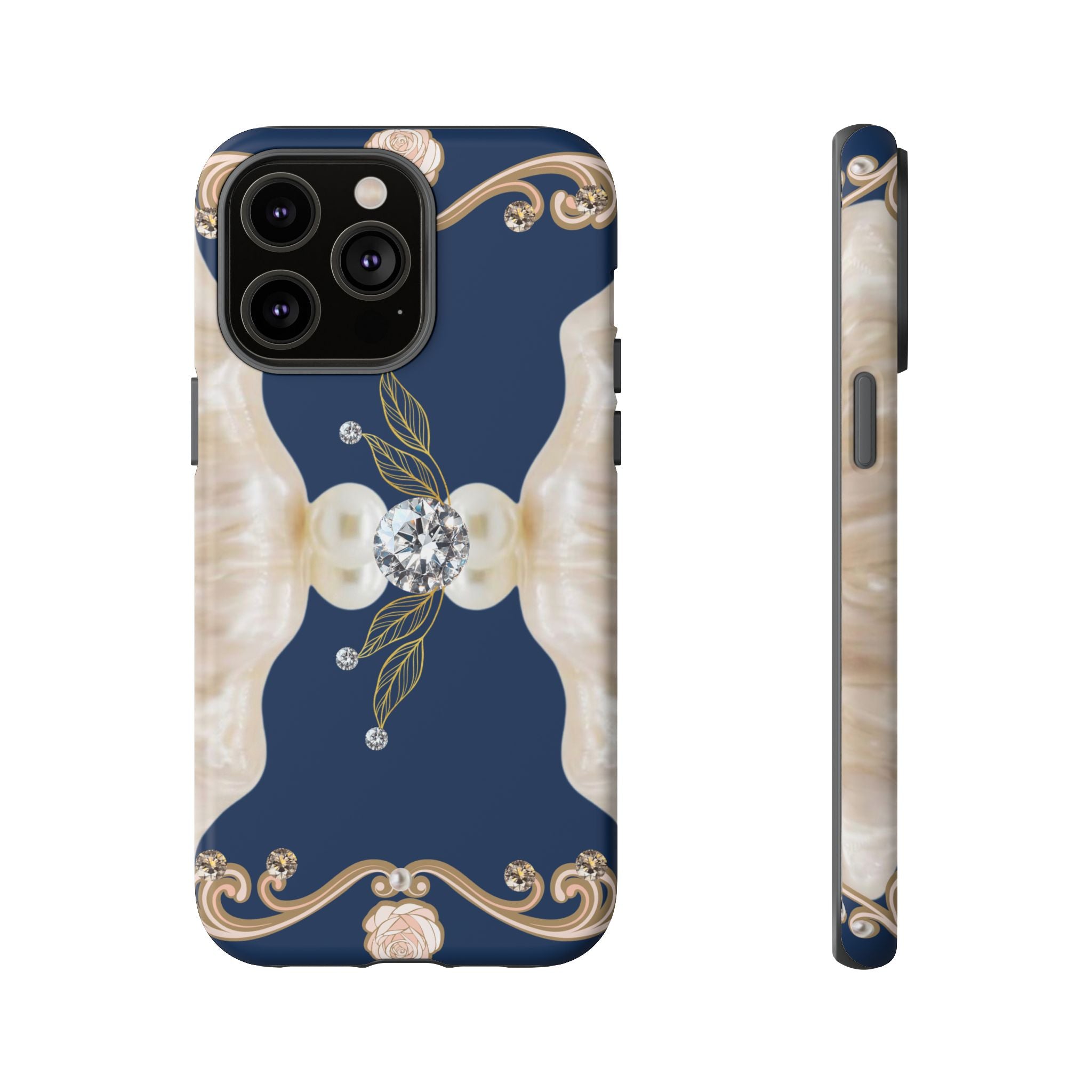 Navy Pearl & Diamond Phone Case — Elegant Floral Baroque Tough Case