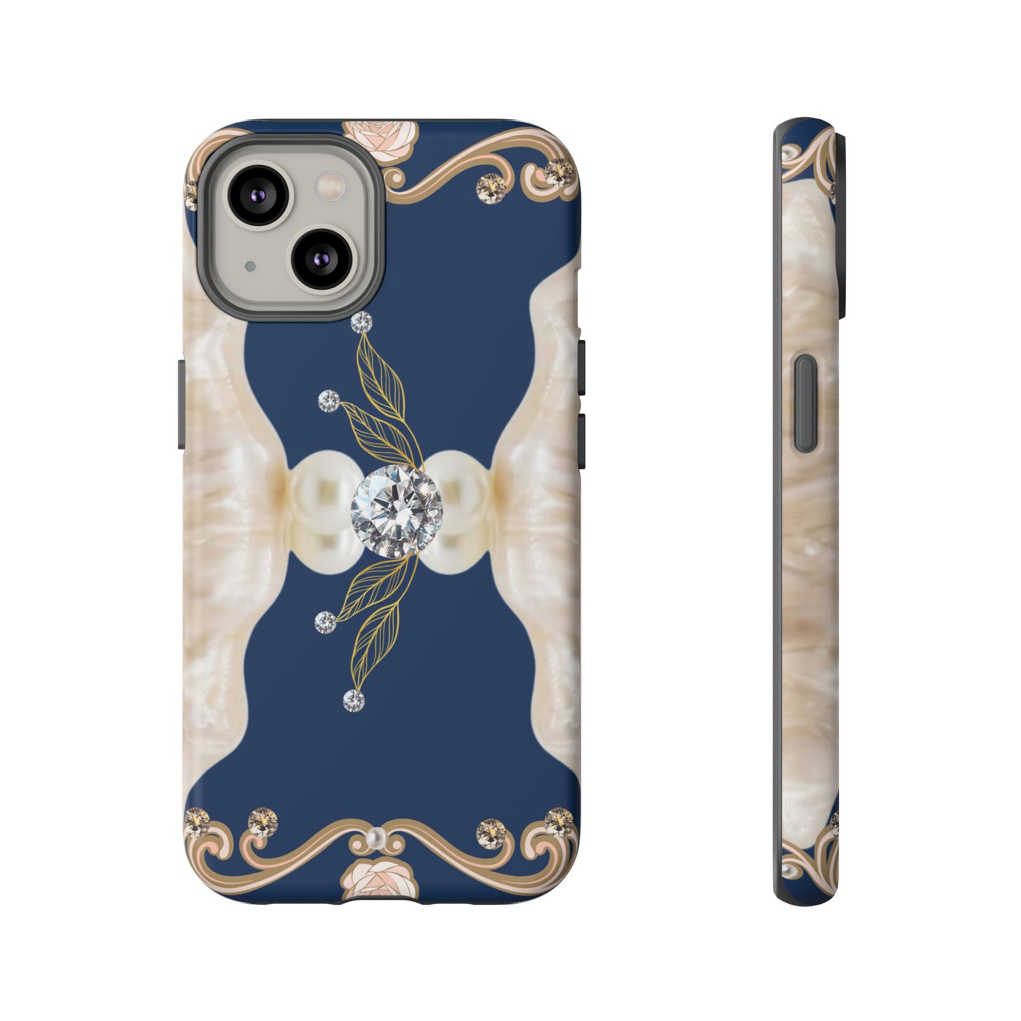 Navy Pearl & Diamond Phone Case — Elegant Floral Baroque Tough Case