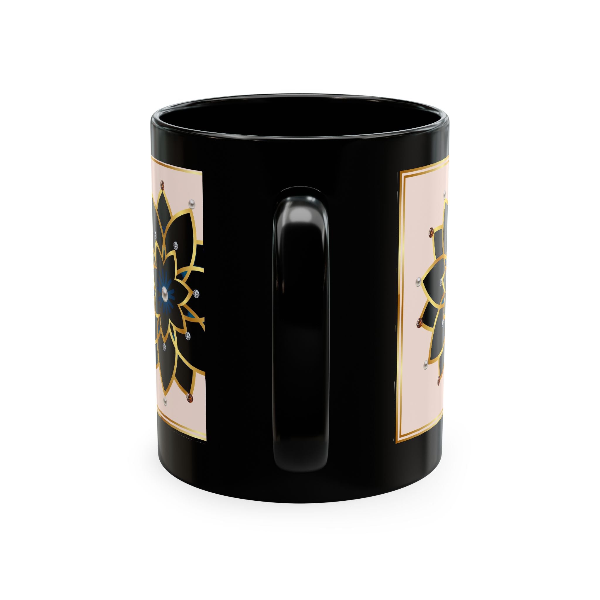 Ceramic Mug — Elegant Black & Gold Floral Mandala Design