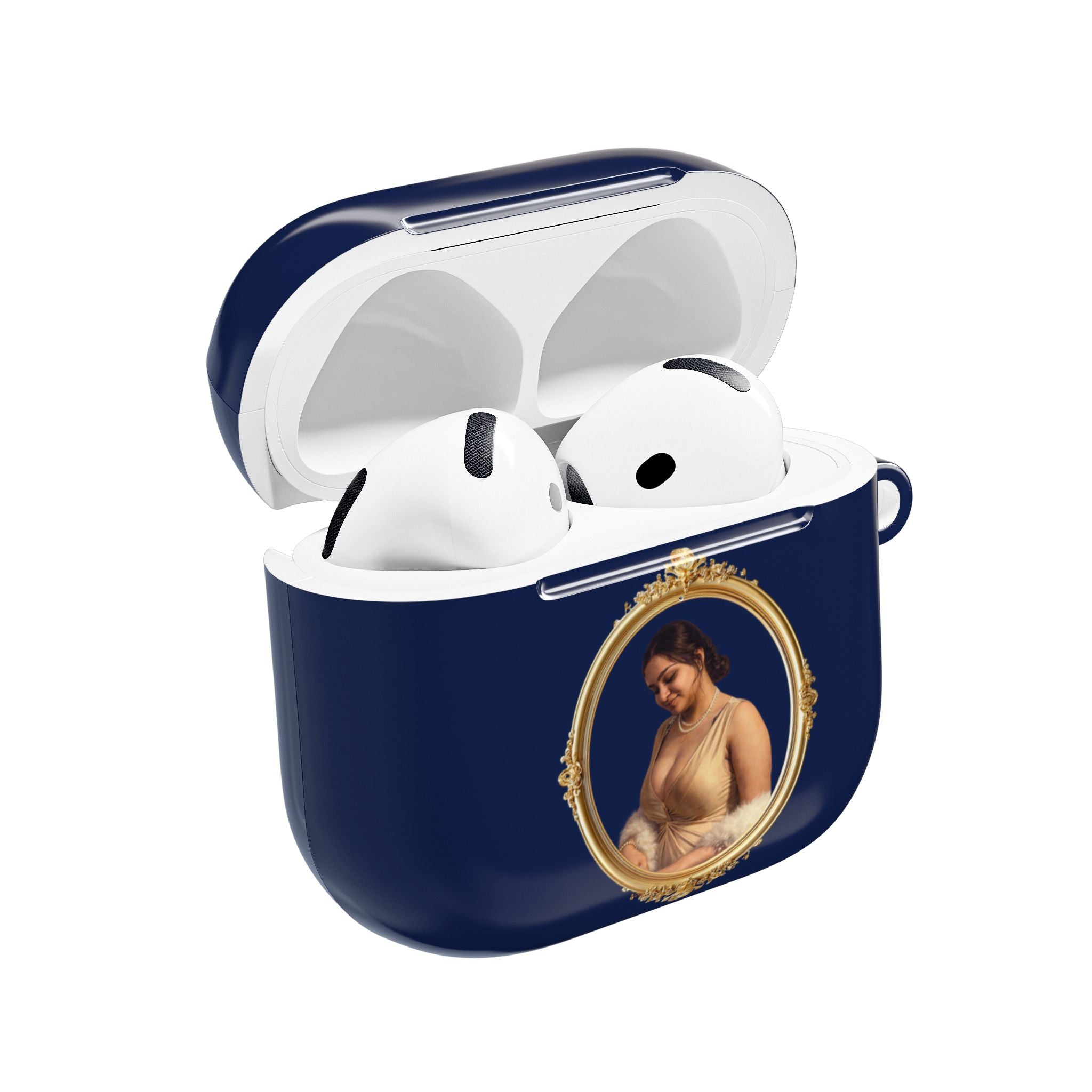 Classic Portrait Navy AirPods Case — Vintage Gold Frame Design