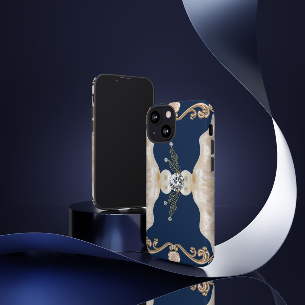 Navy Pearl & Diamond Phone Case — Elegant Floral Baroque Tough Case