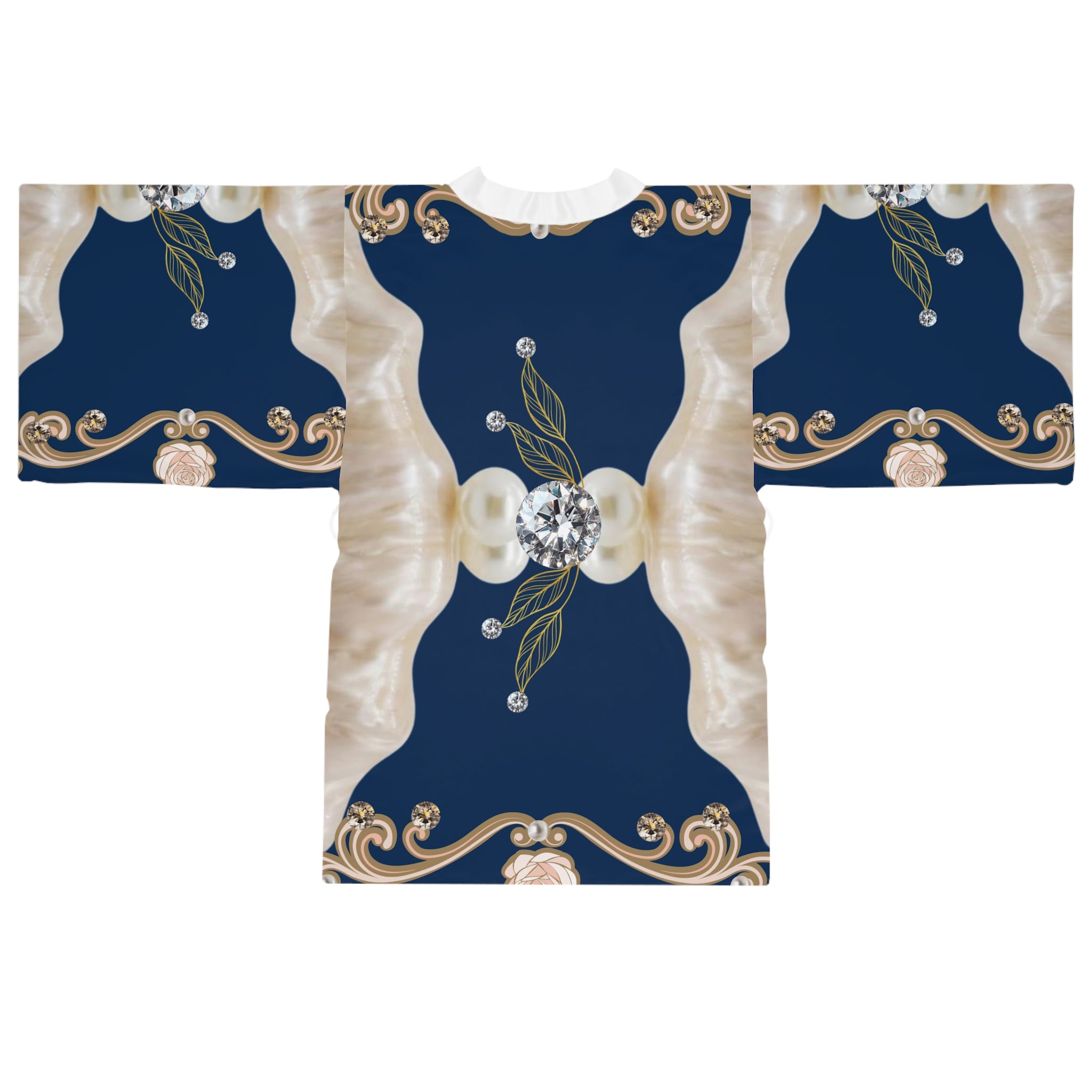 Silk-Style Navy Pearl & Diamond Kimono Robe — Luxe Floral Jewel Print