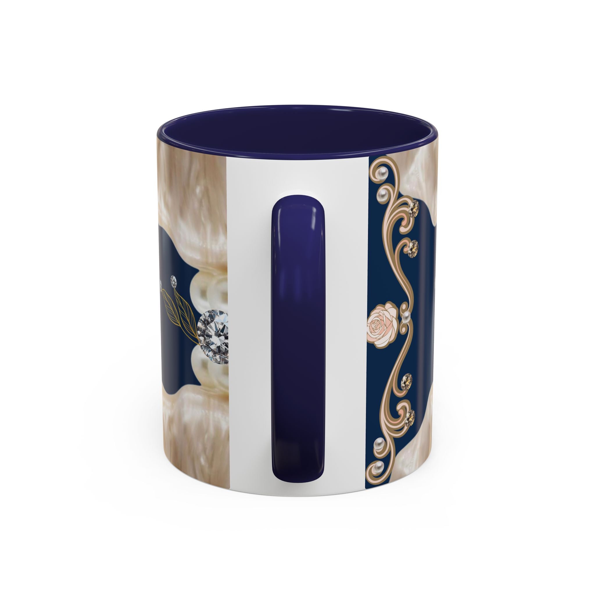 Elegant Navy Pearl Accent Coffee Mug - Vintage Baroque Floral Design (11/15oz)
