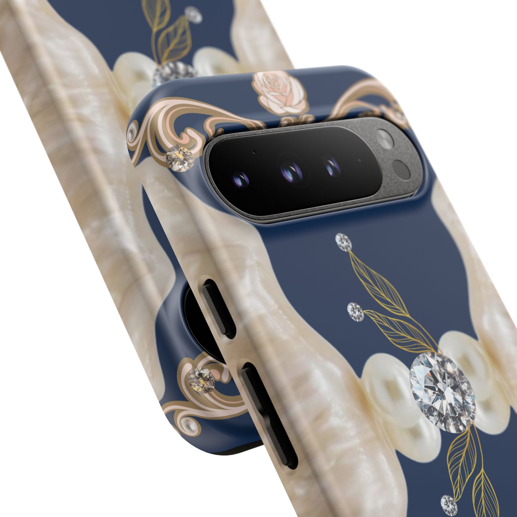 Navy Pearl & Diamond Phone Case — Elegant Floral Baroque Tough Case