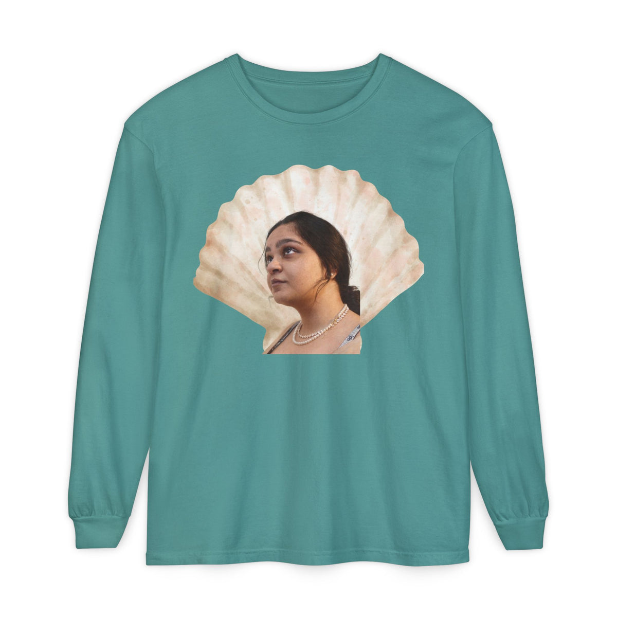 Drashti Shell Portrait Long Sleeve Tee — “We Will Be Home” Back Script