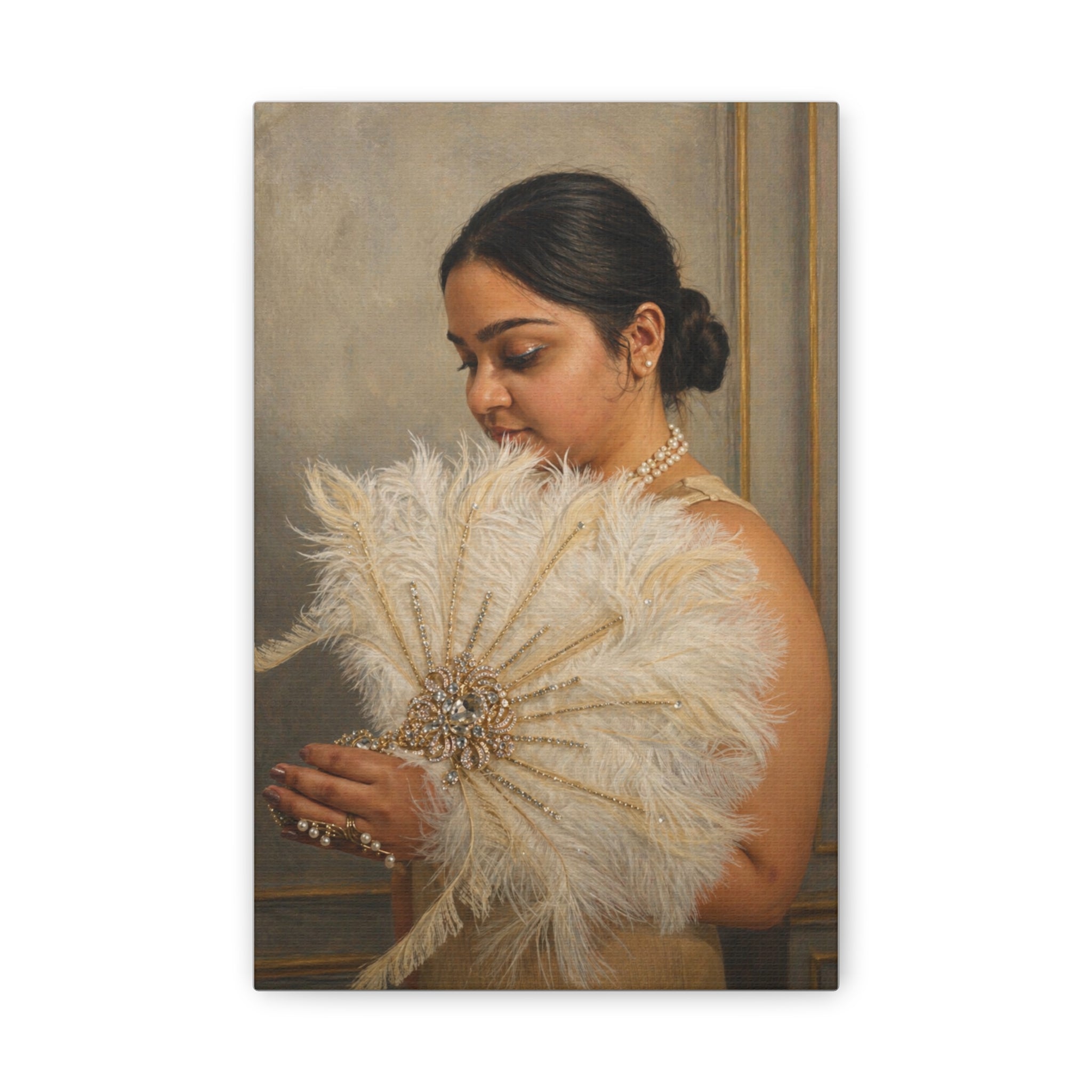 Classic Canvas Portrait Art Print — Elegant Woman with Feather Fan Canvas