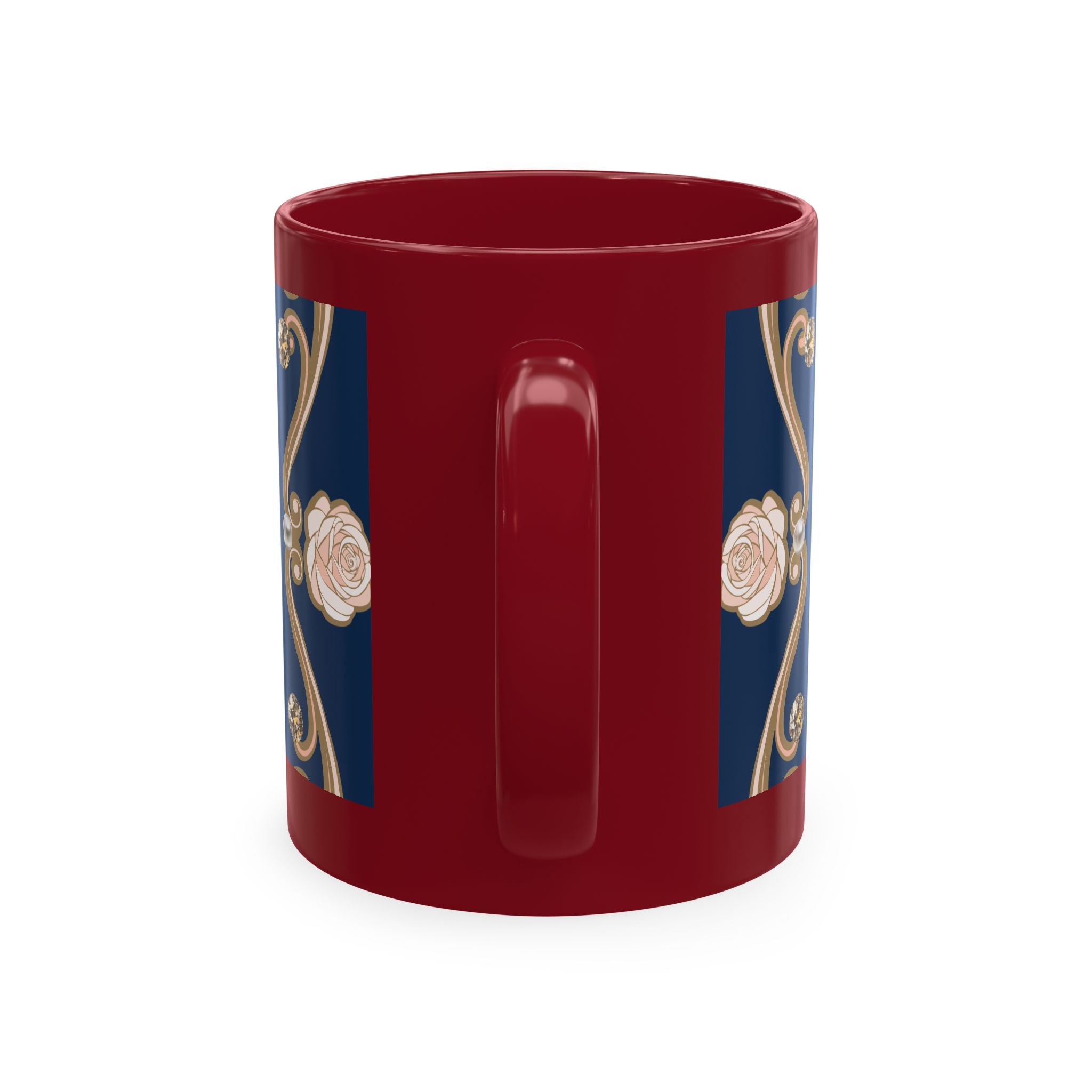 Pearl & Diamond Navy Ceramic Mug — Elegant Vintage Jewelry Design