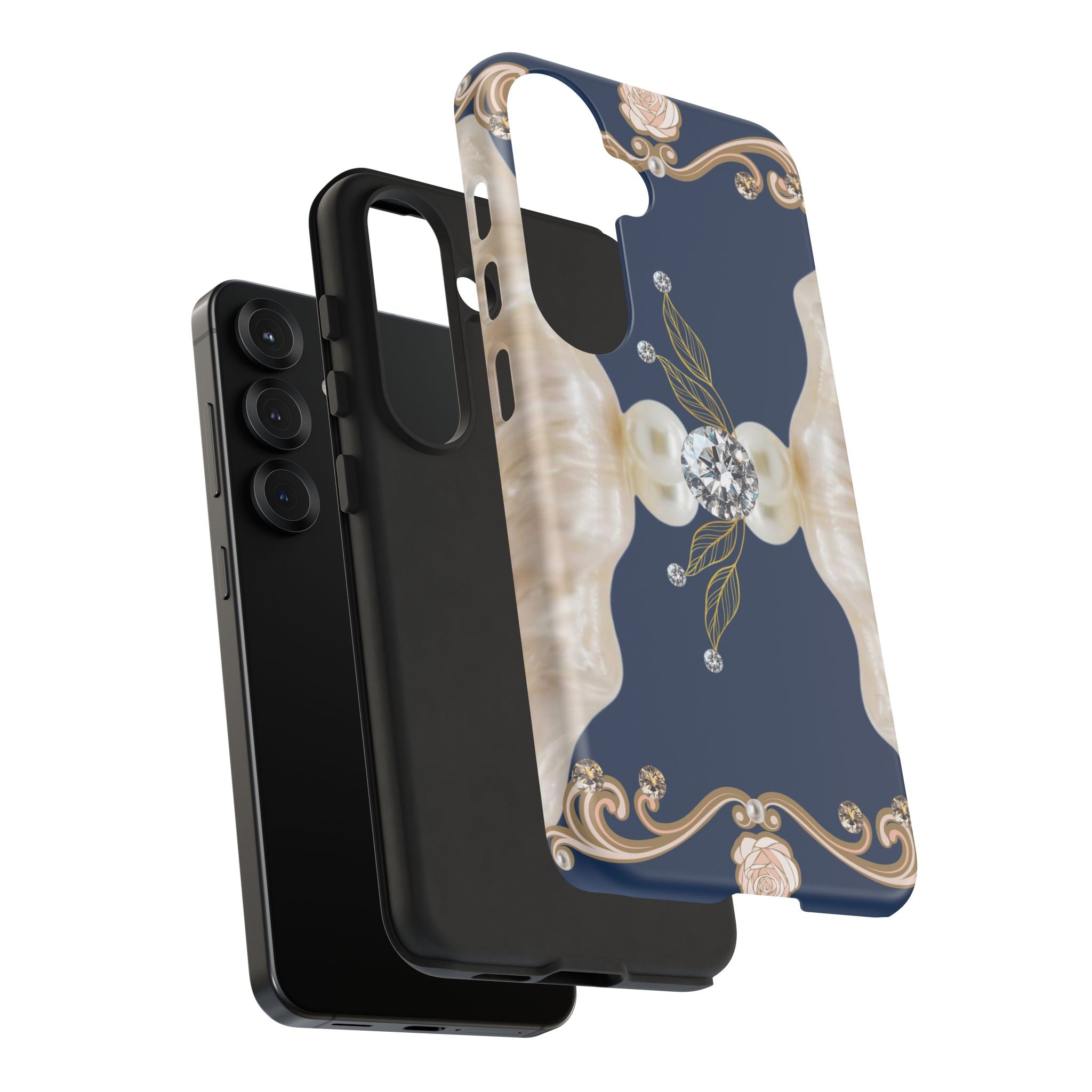 Navy Pearl & Diamond Phone Case — Elegant Floral Baroque Tough Case