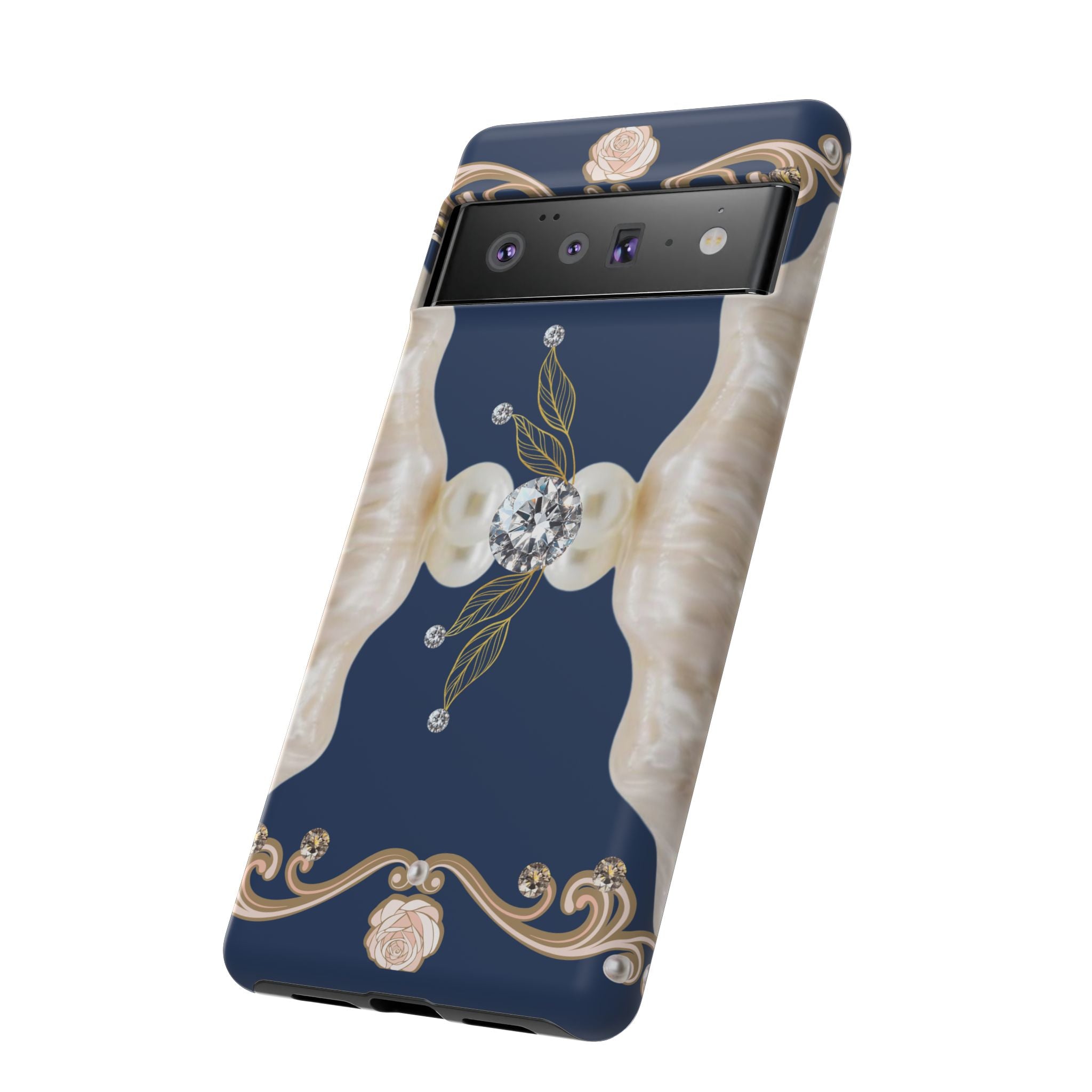 Navy Pearl & Diamond Phone Case — Elegant Floral Baroque Tough Case