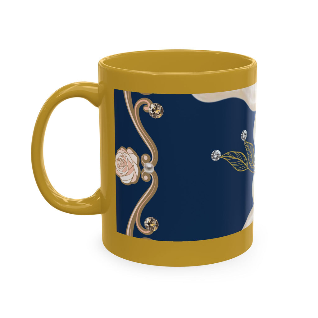 Pearl & Diamond Navy Ceramic Mug — Elegant Vintage Jewelry Design
