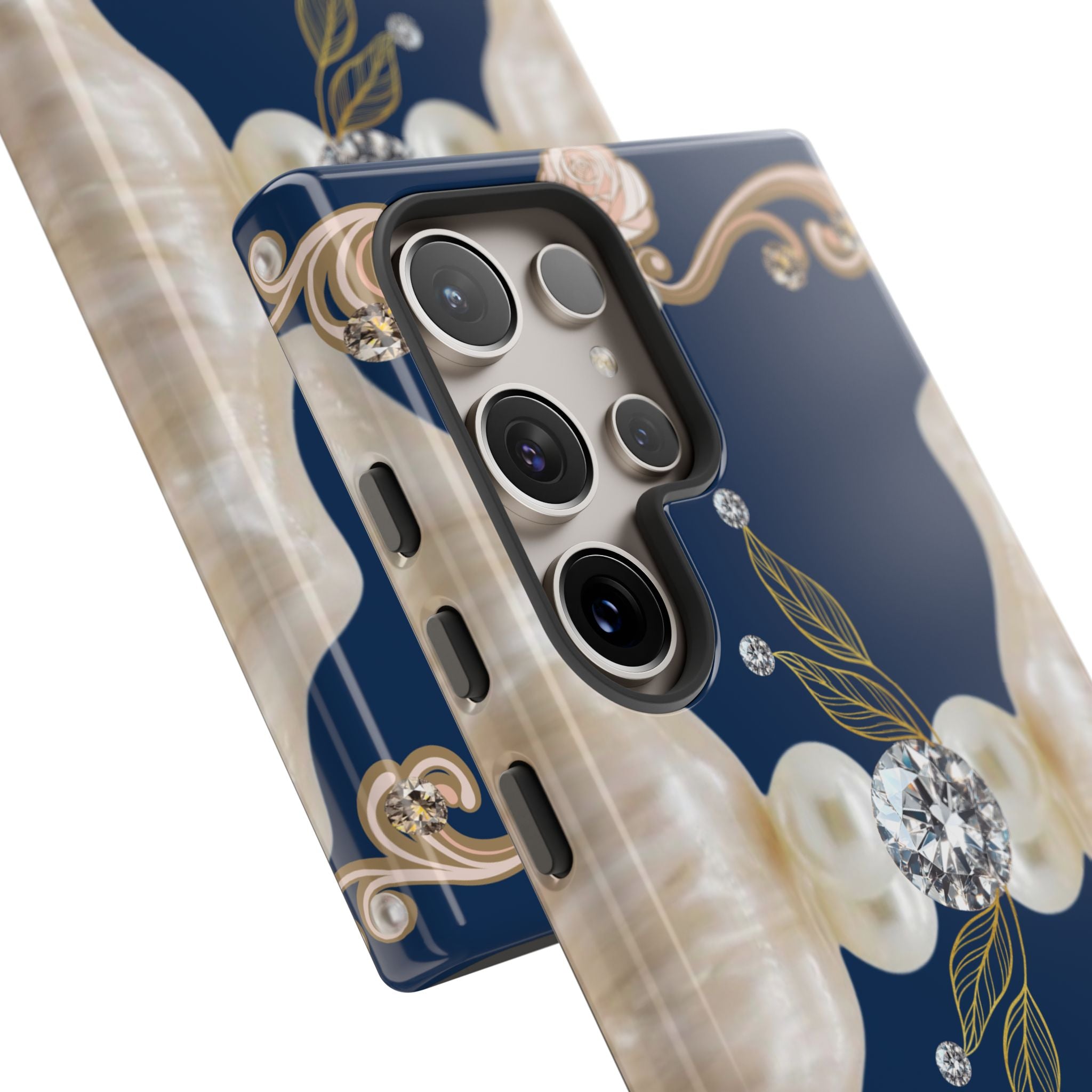Navy Pearl & Diamond Phone Case — Elegant Floral Baroque Tough Case