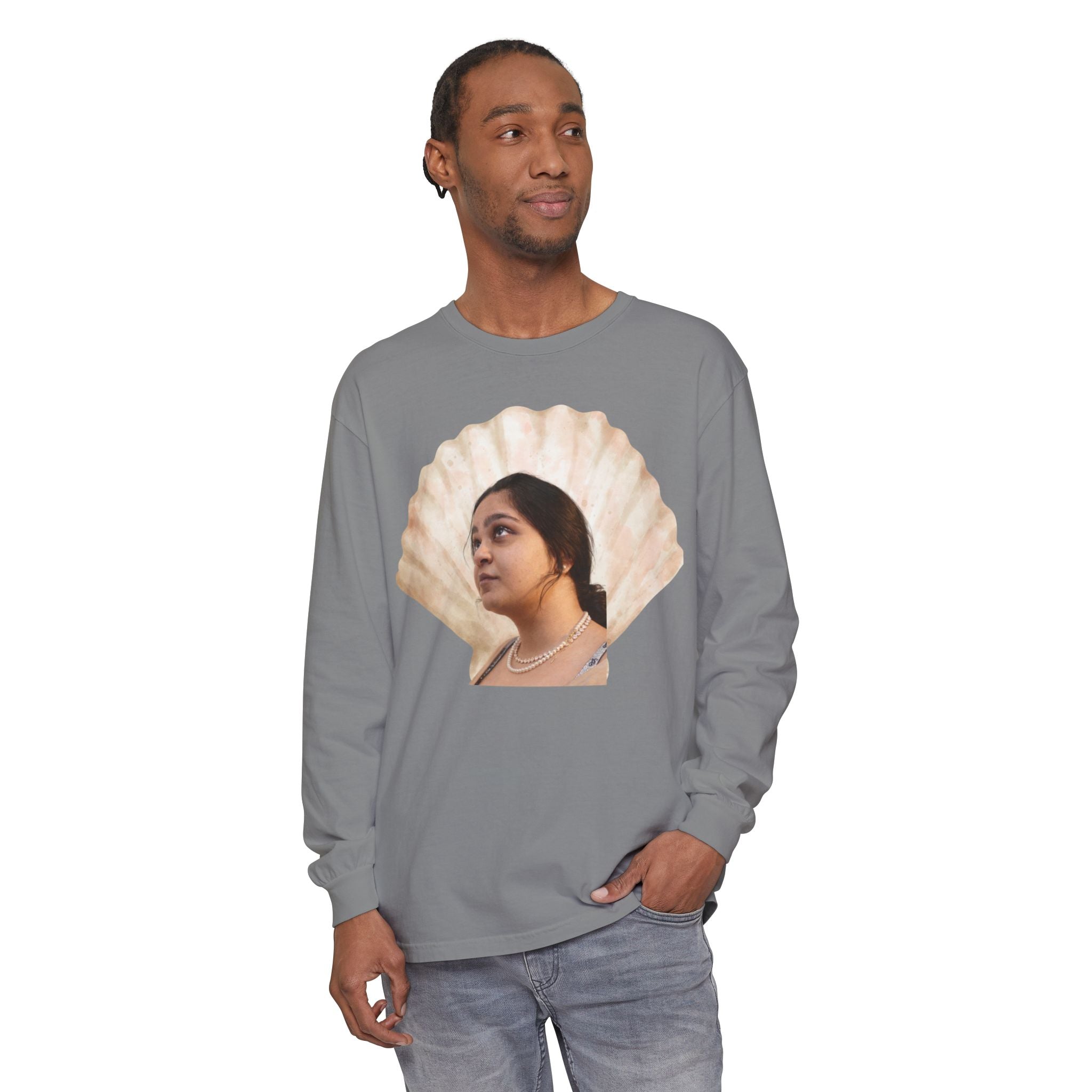Shell Portrait Long Sleeve Tee — “We Will Be Home” Back Script