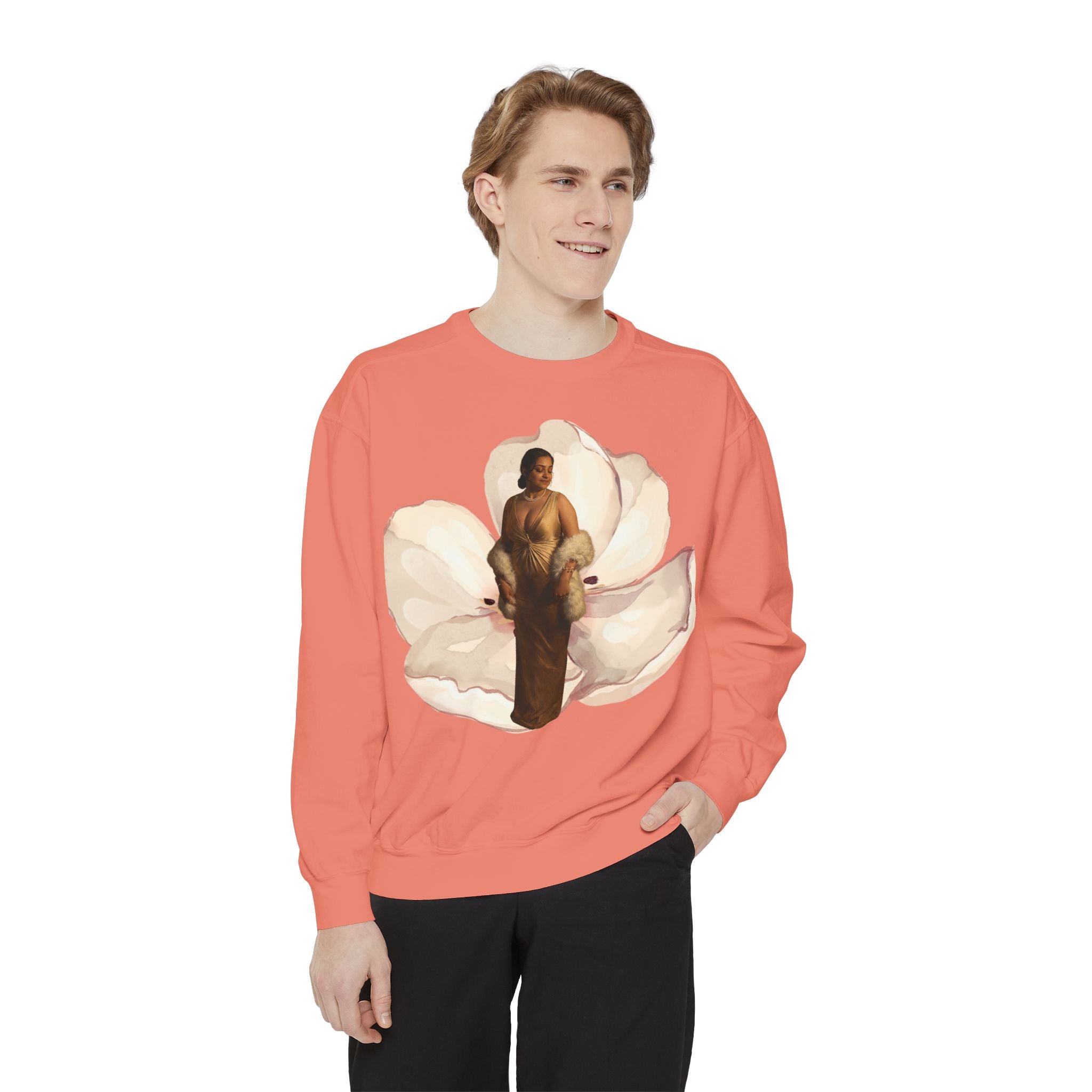 Floral Portrait Sweatshirt — Vintage Gold Frame Art Crewneck