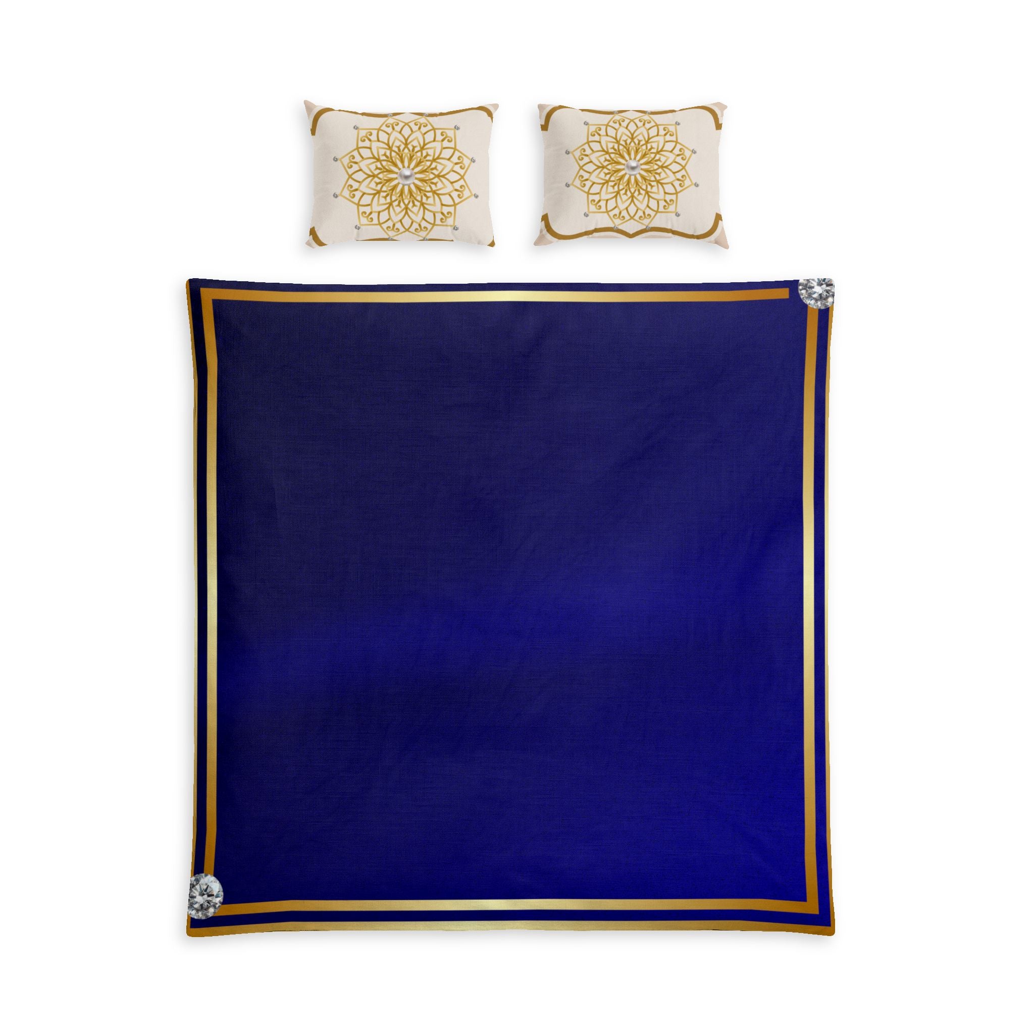 Royal Blue Cotton Bed Set – Gold Trim Duvet Cover & Mandala Pillowcases
