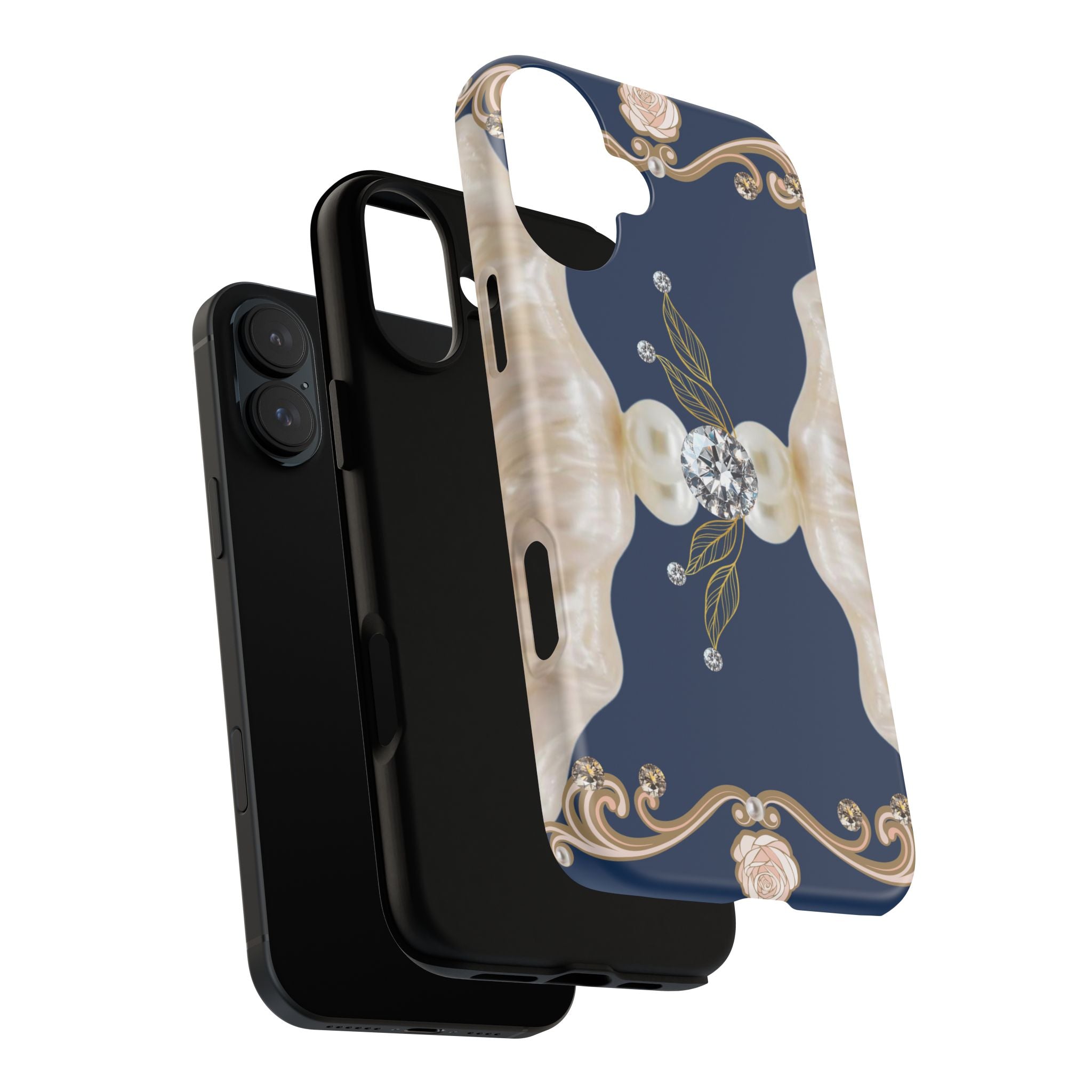 Navy Pearl & Diamond Phone Case — Elegant Floral Baroque Tough Case
