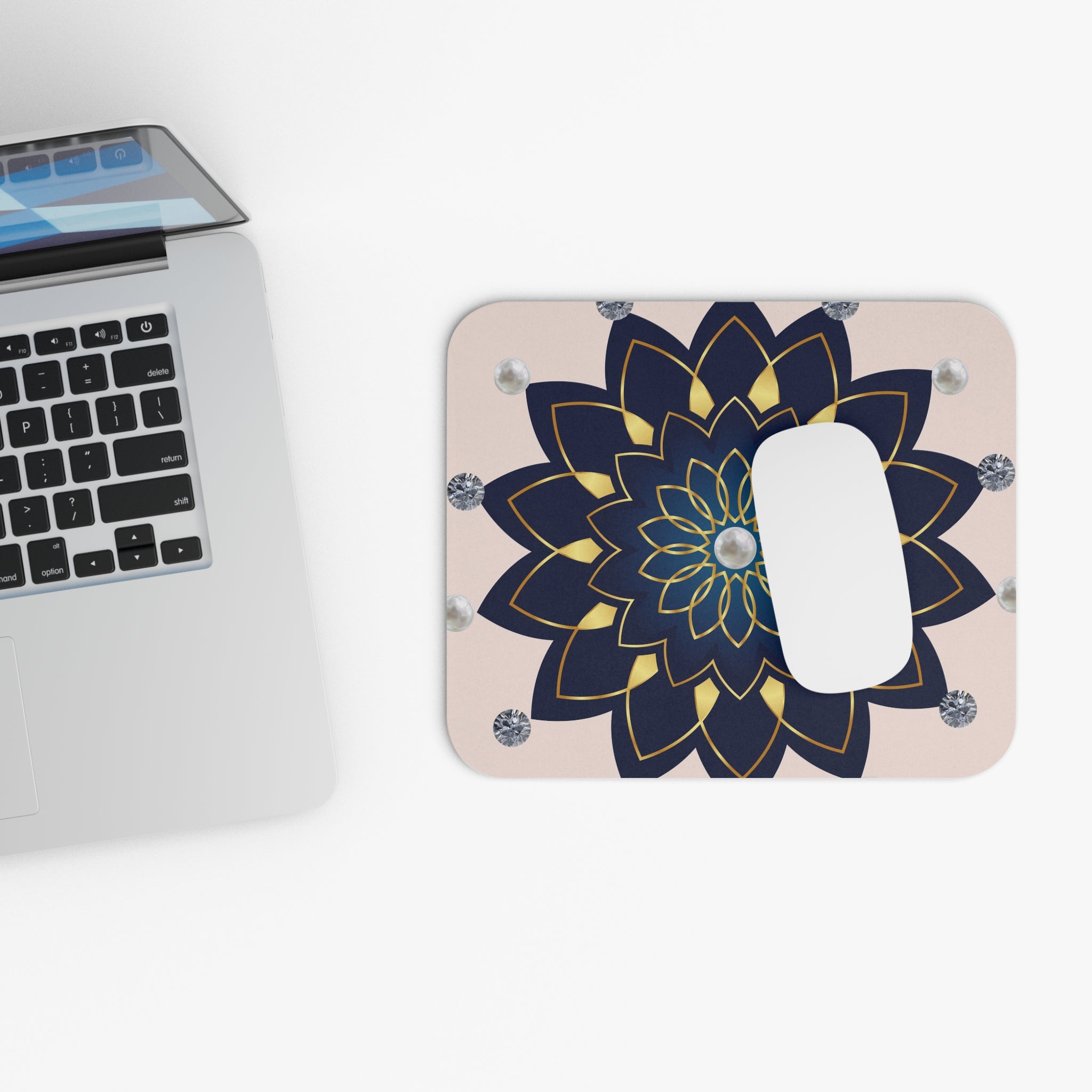 Floral Mandala Mouse Pad — Navy & Gold Pearl Accent Desk Mat