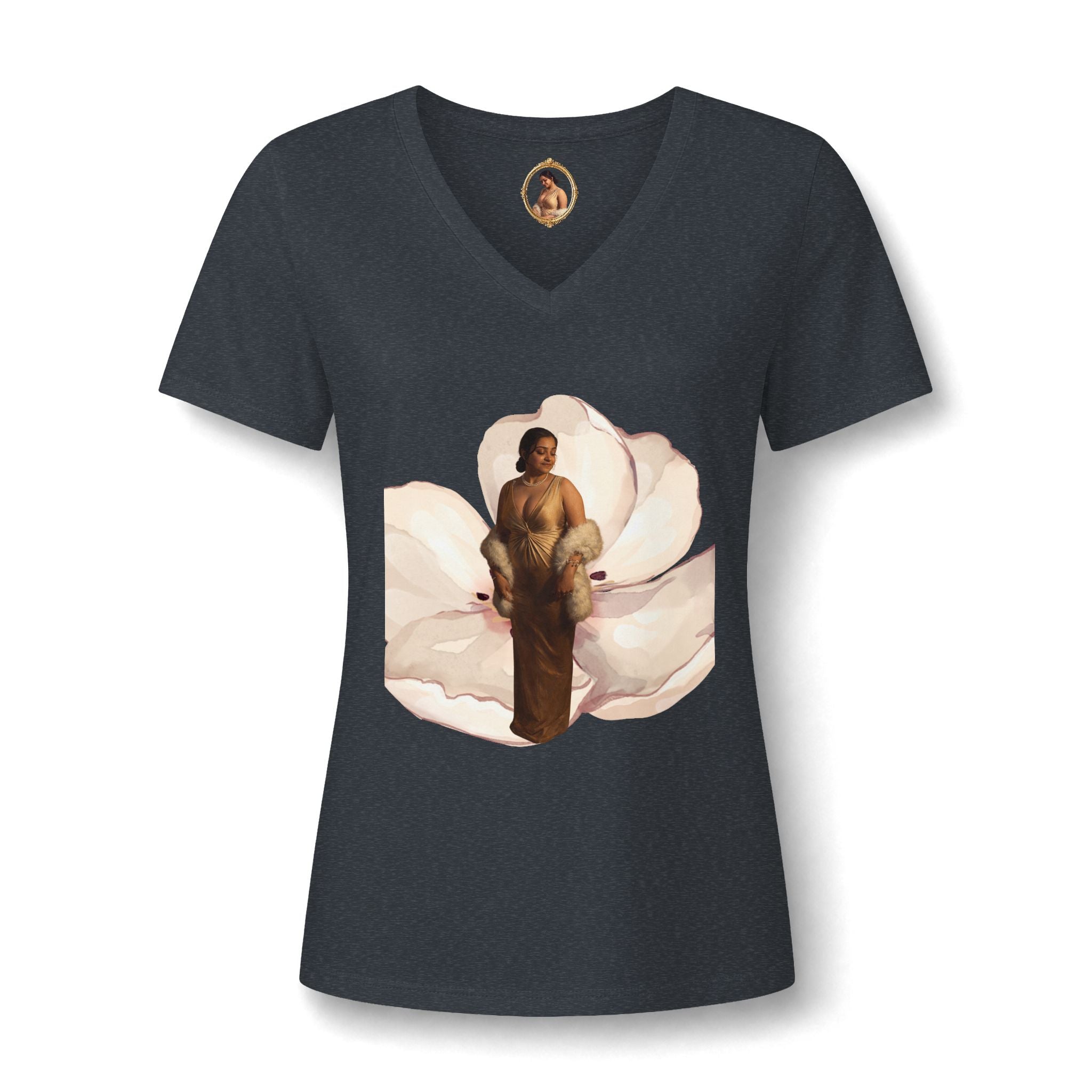 Floral Portrait V‑Neck Tee — Vintage Woman in Magnolia Print