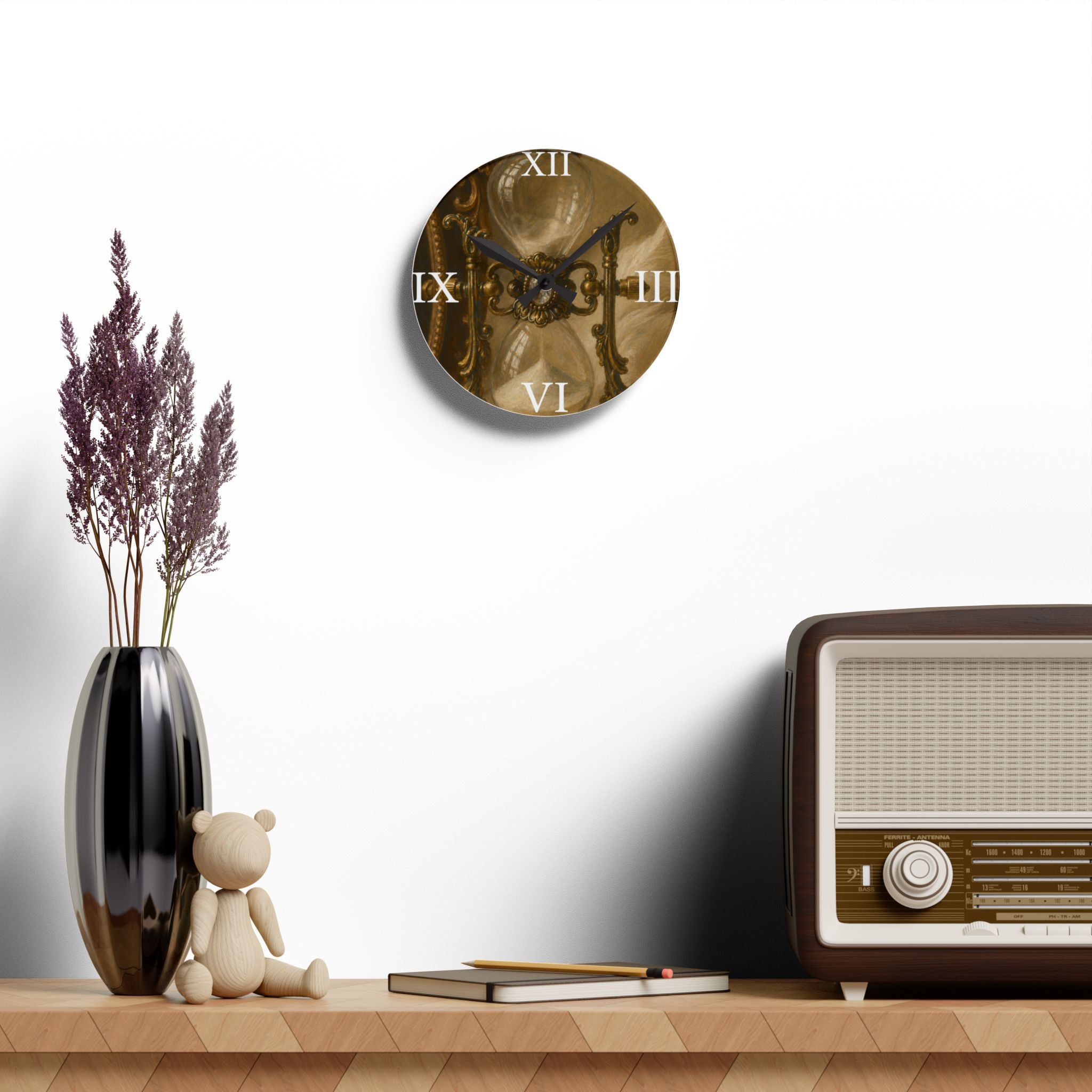 Antique Hourglass Acrylic Wall Clock — Vintage Roman Numerals Timepiece