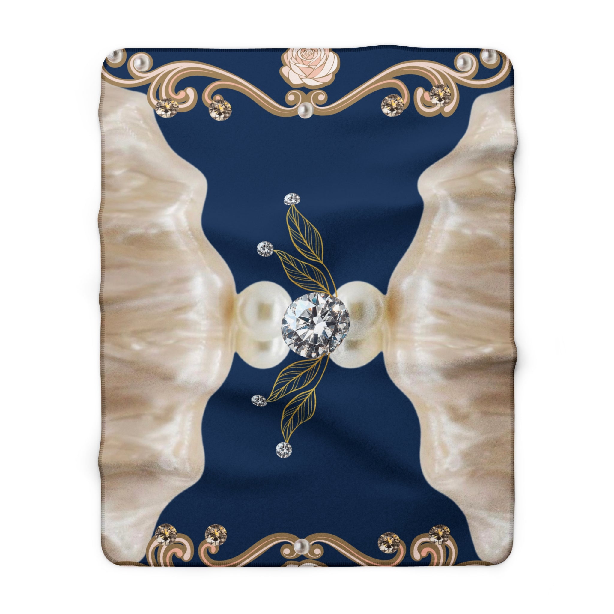 Luxurious Navy Pearl Sherpa Blanket — Faux Diamond & Rose Vintage Elegance