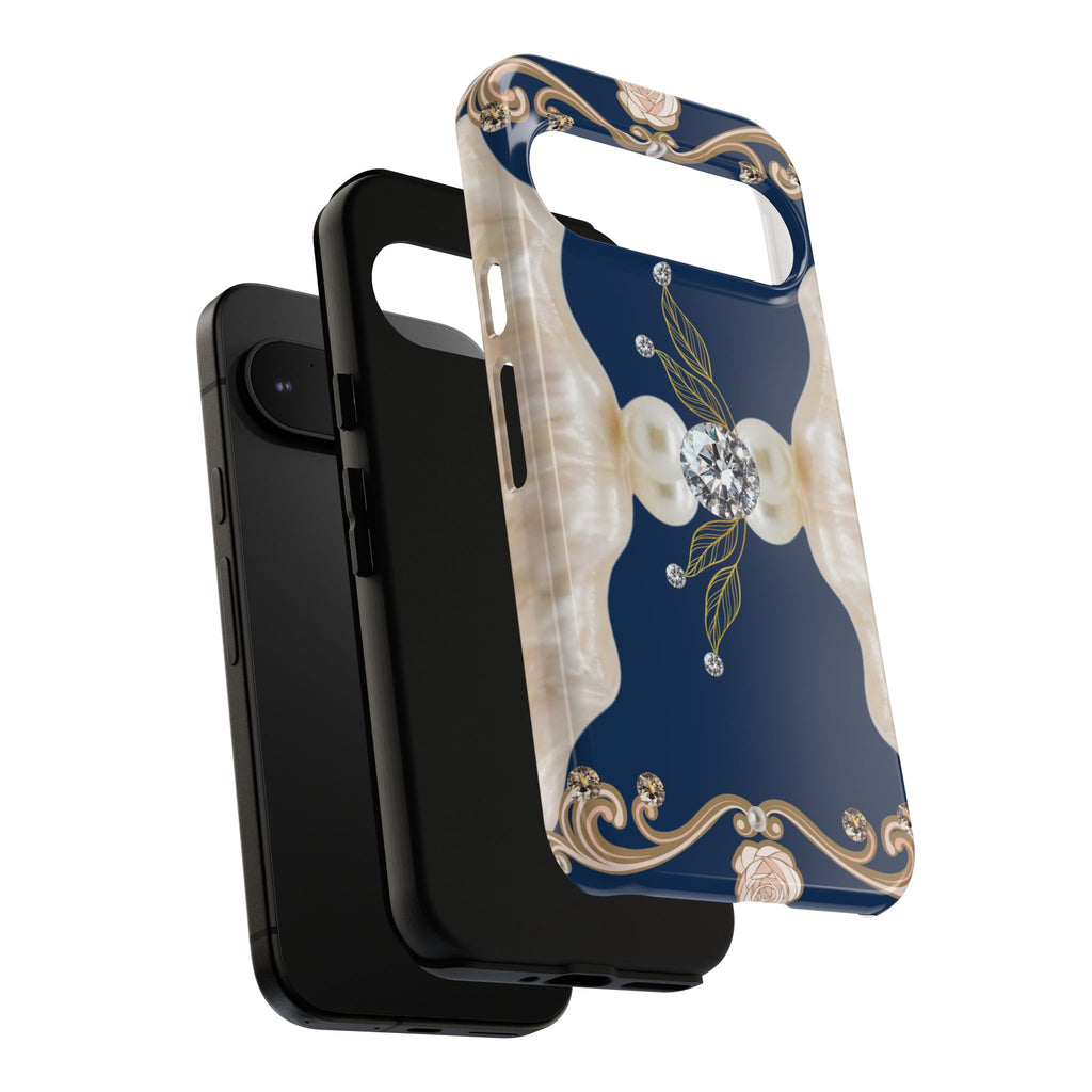 Navy Pearl & Diamond Phone Case — Elegant Floral Baroque Tough Case