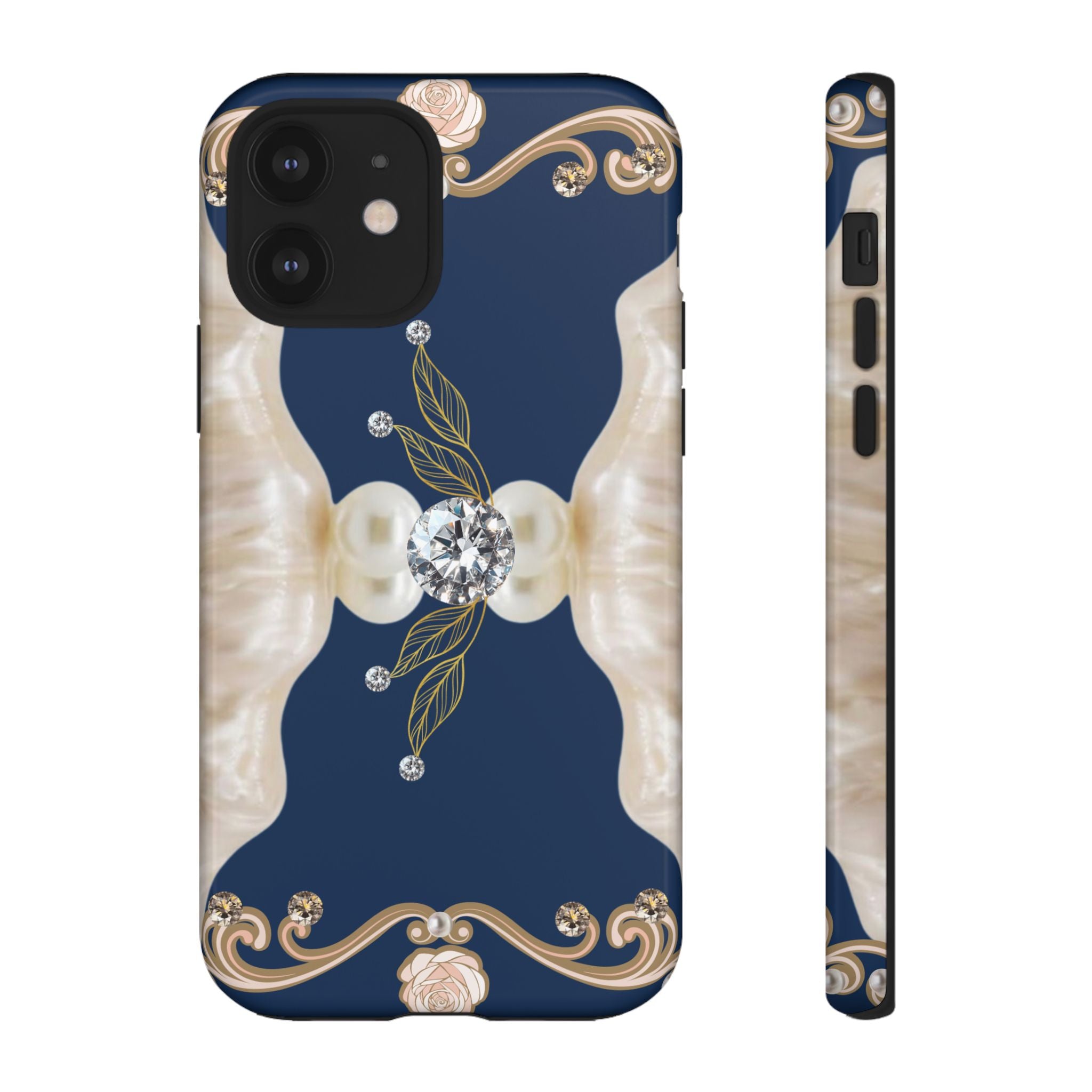 Navy Pearl & Diamond Phone Case — Elegant Floral Baroque Tough Case