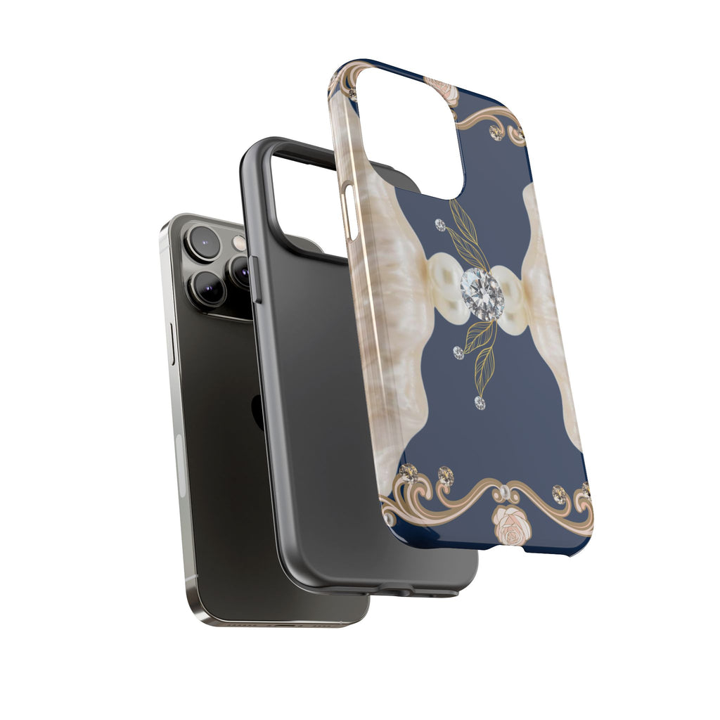Navy Pearl & Diamond Phone Case — Elegant Floral Baroque Tough Case