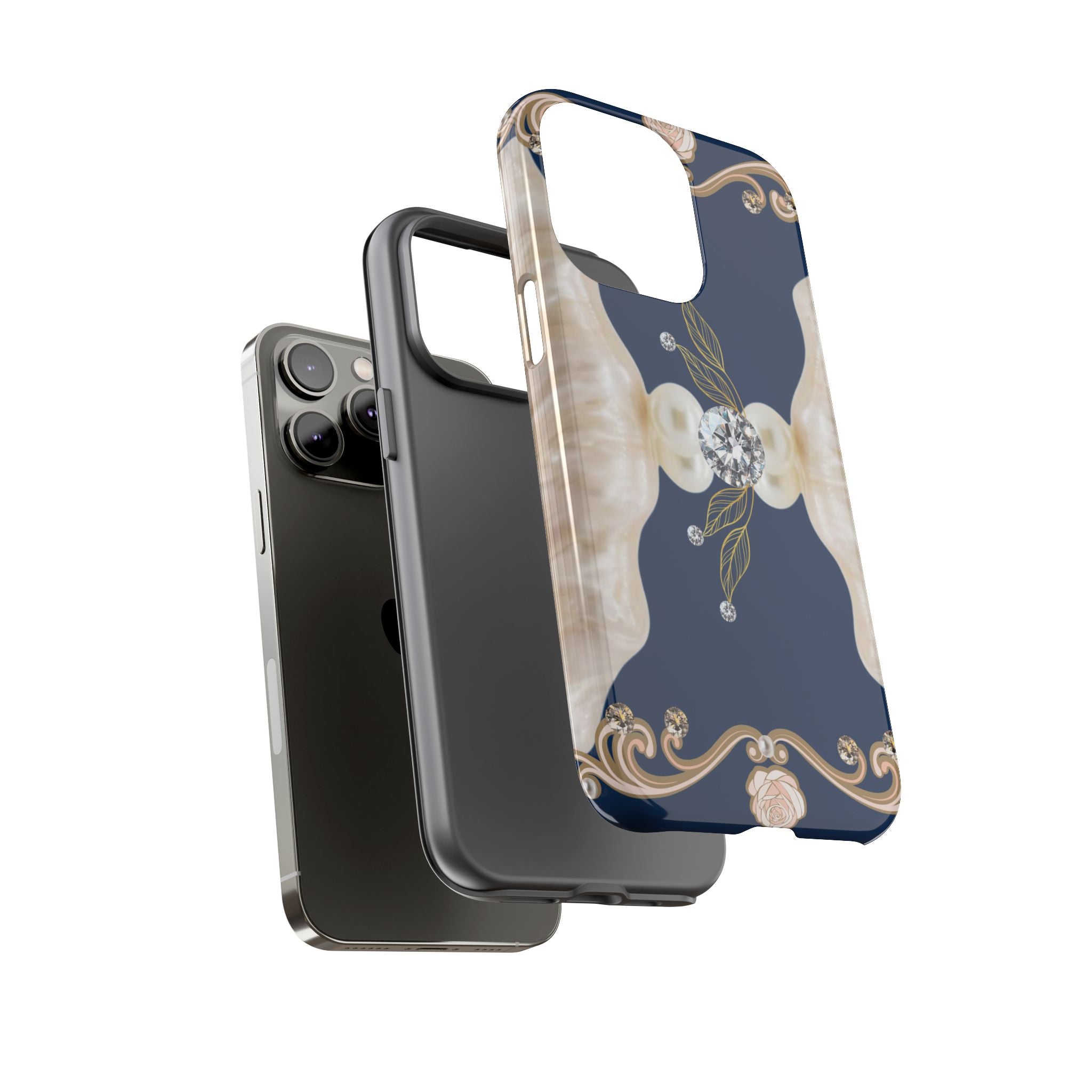 Navy Pearl & Diamond Phone Case — Elegant Floral Baroque Tough Case