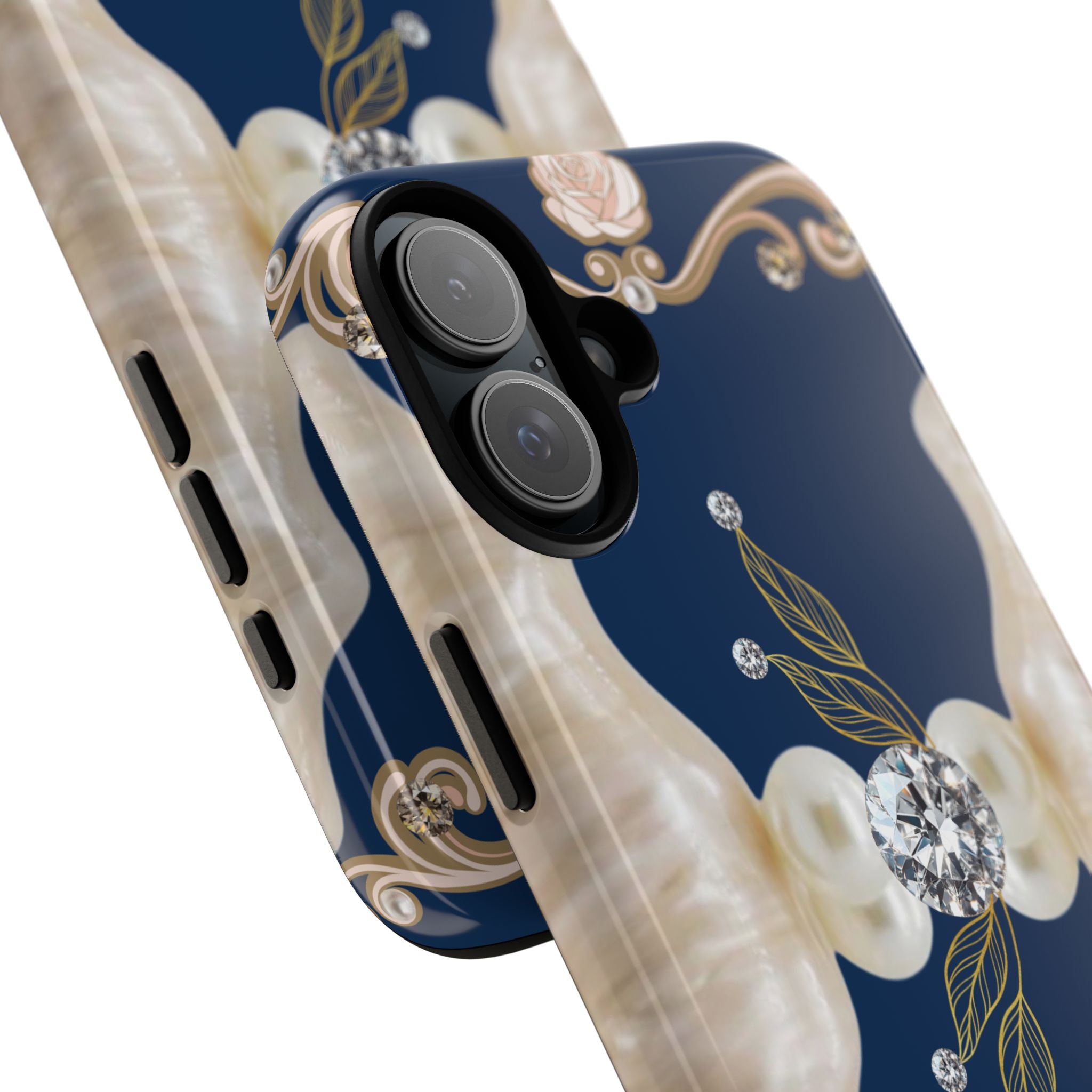 Navy Pearl & Diamond Phone Case — Elegant Floral Baroque Tough Case