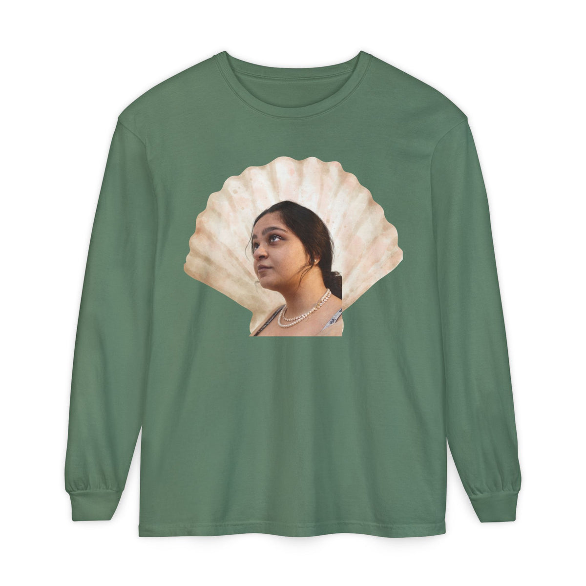 Drashti Shell Portrait Long Sleeve Tee — “We Will Be Home” Back Script