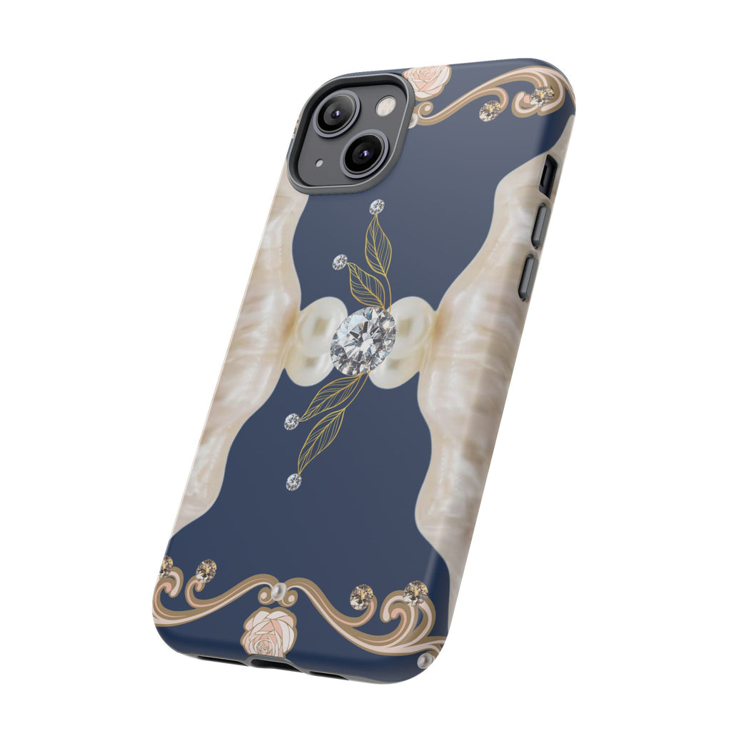 Navy Pearl & Diamond Phone Case — Elegant Floral Baroque Tough Case