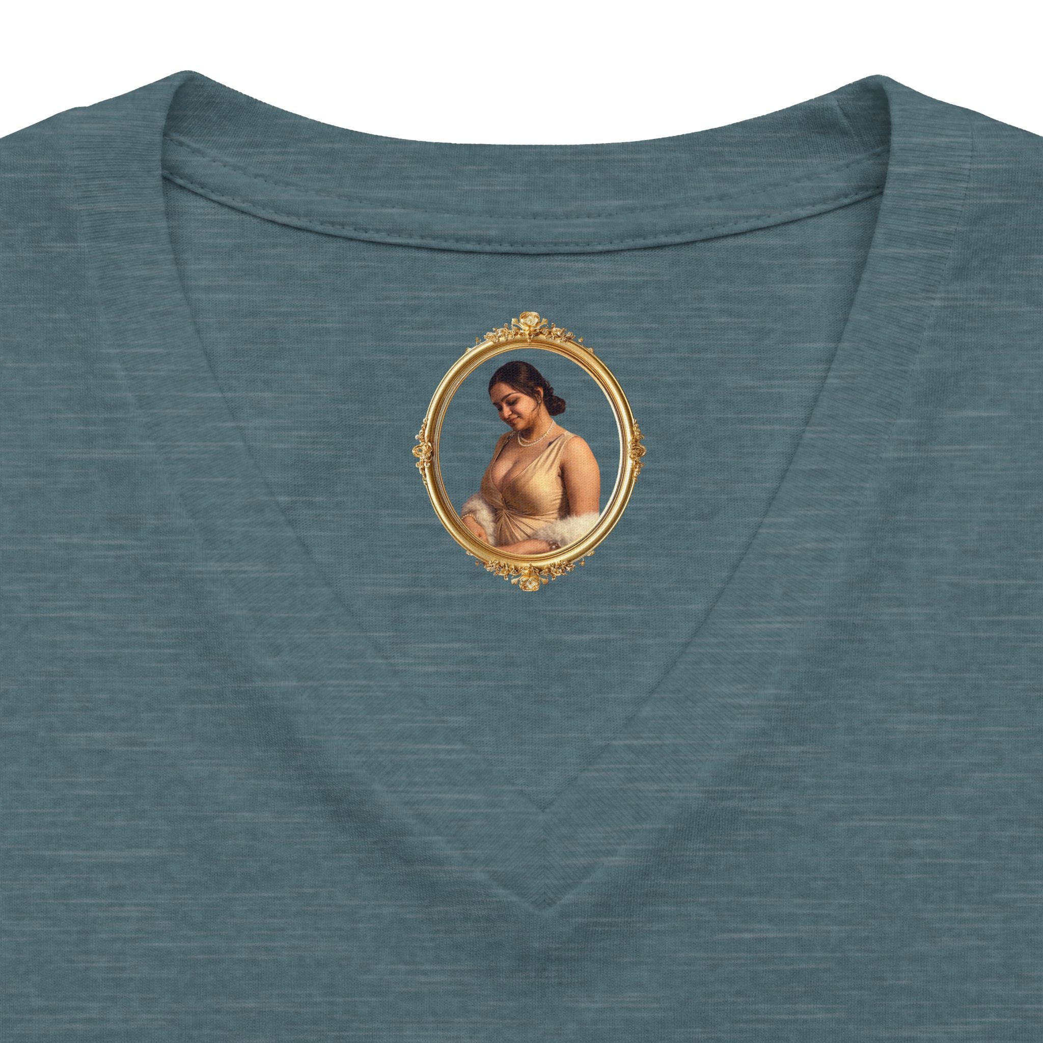 Floral Portrait V‑Neck Tee — Vintage Woman in Magnolia Print
