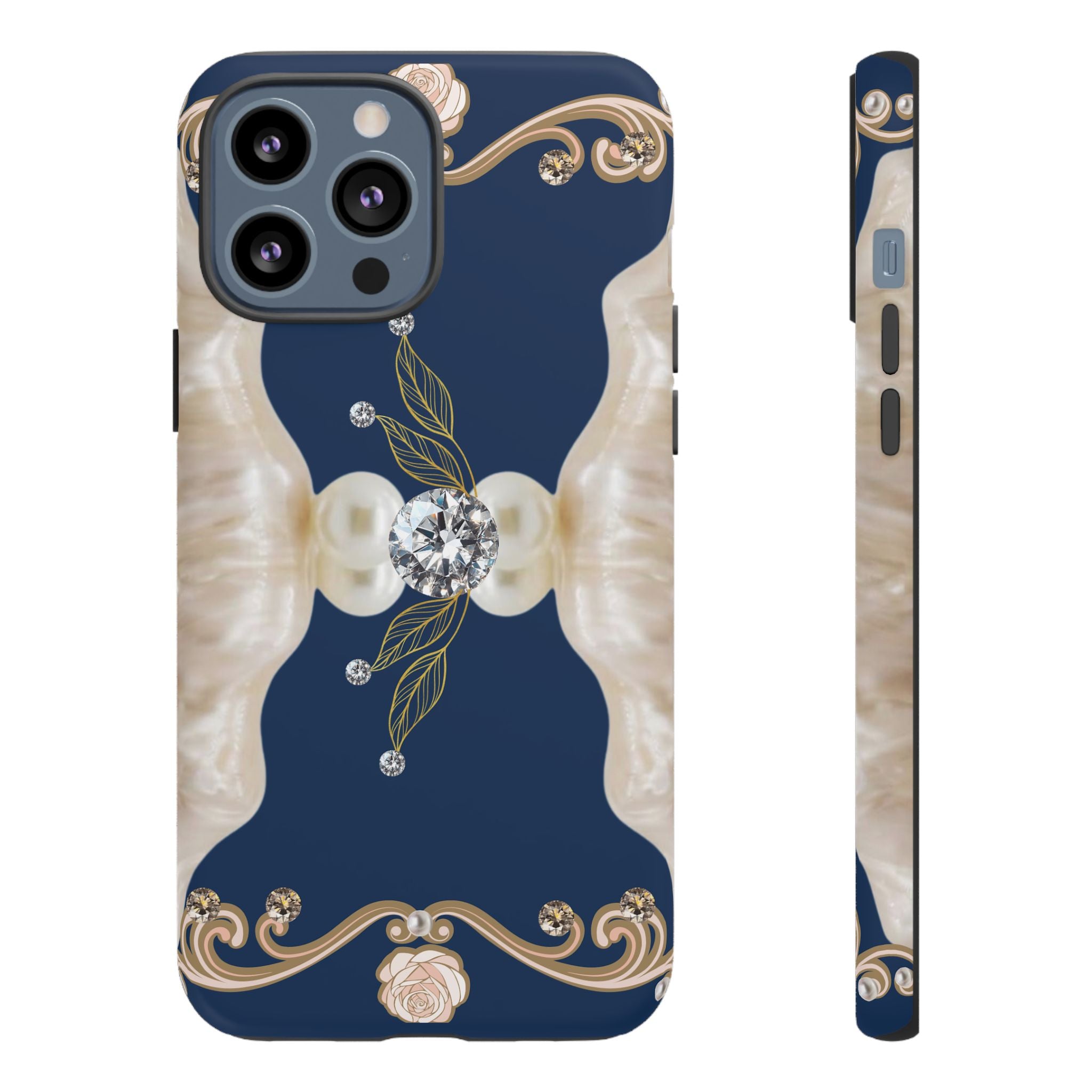 Navy Pearl & Diamond Phone Case — Elegant Floral Baroque Tough Case