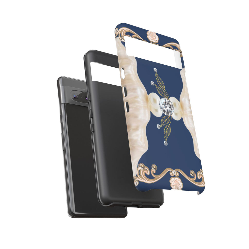 Navy Pearl & Diamond Phone Case — Elegant Floral Baroque Tough Case