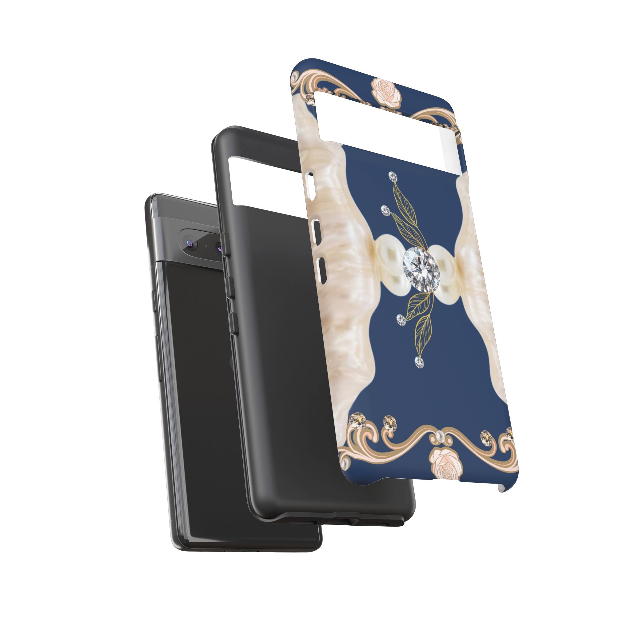 Navy Pearl & Diamond Phone Case — Elegant Floral Baroque Tough Case