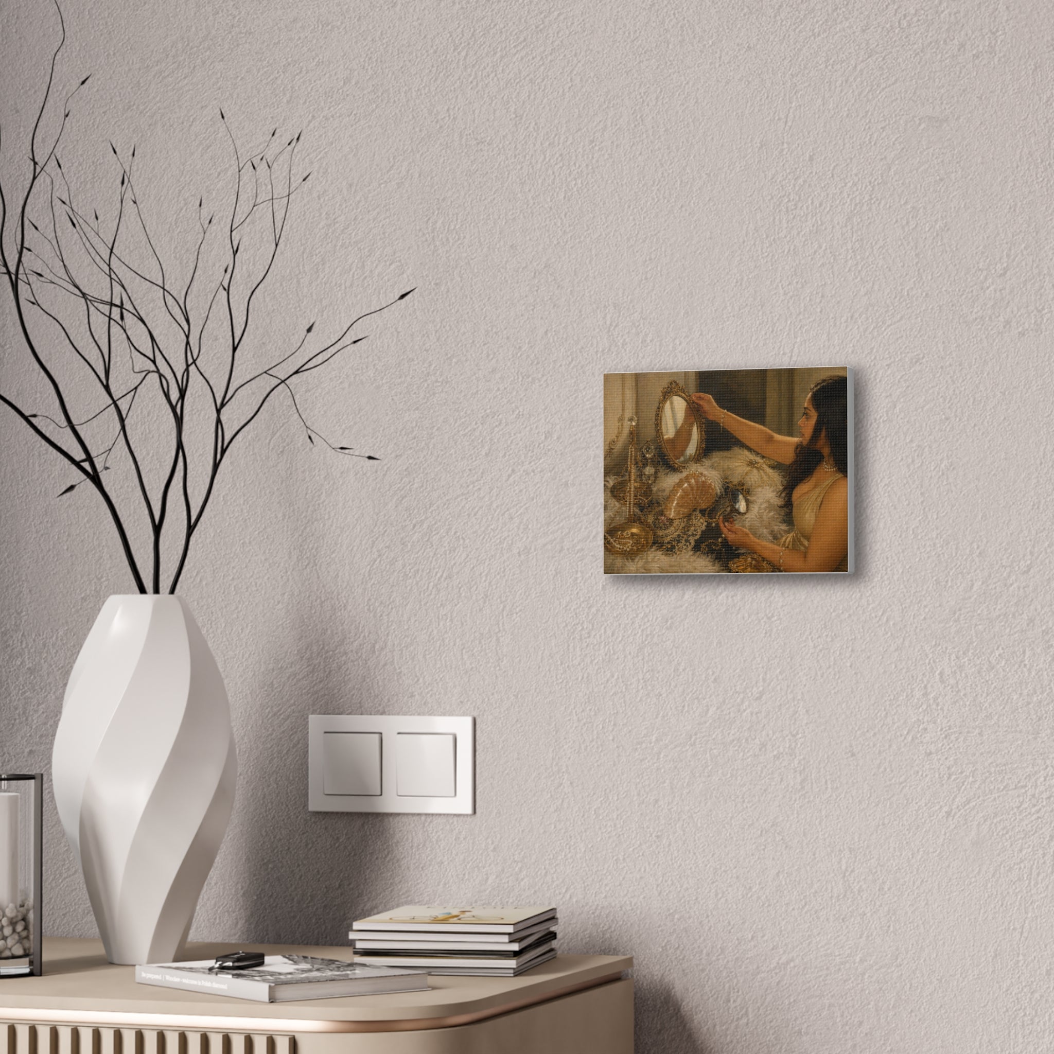 Vintage Vanity Art Print Canvas — Woman at Mirror Stretched Canvas Wall Art