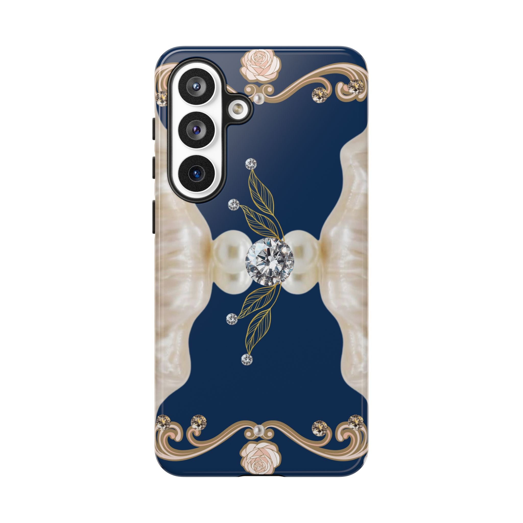 Navy Pearl & Diamond Phone Case — Elegant Floral Baroque Tough Case