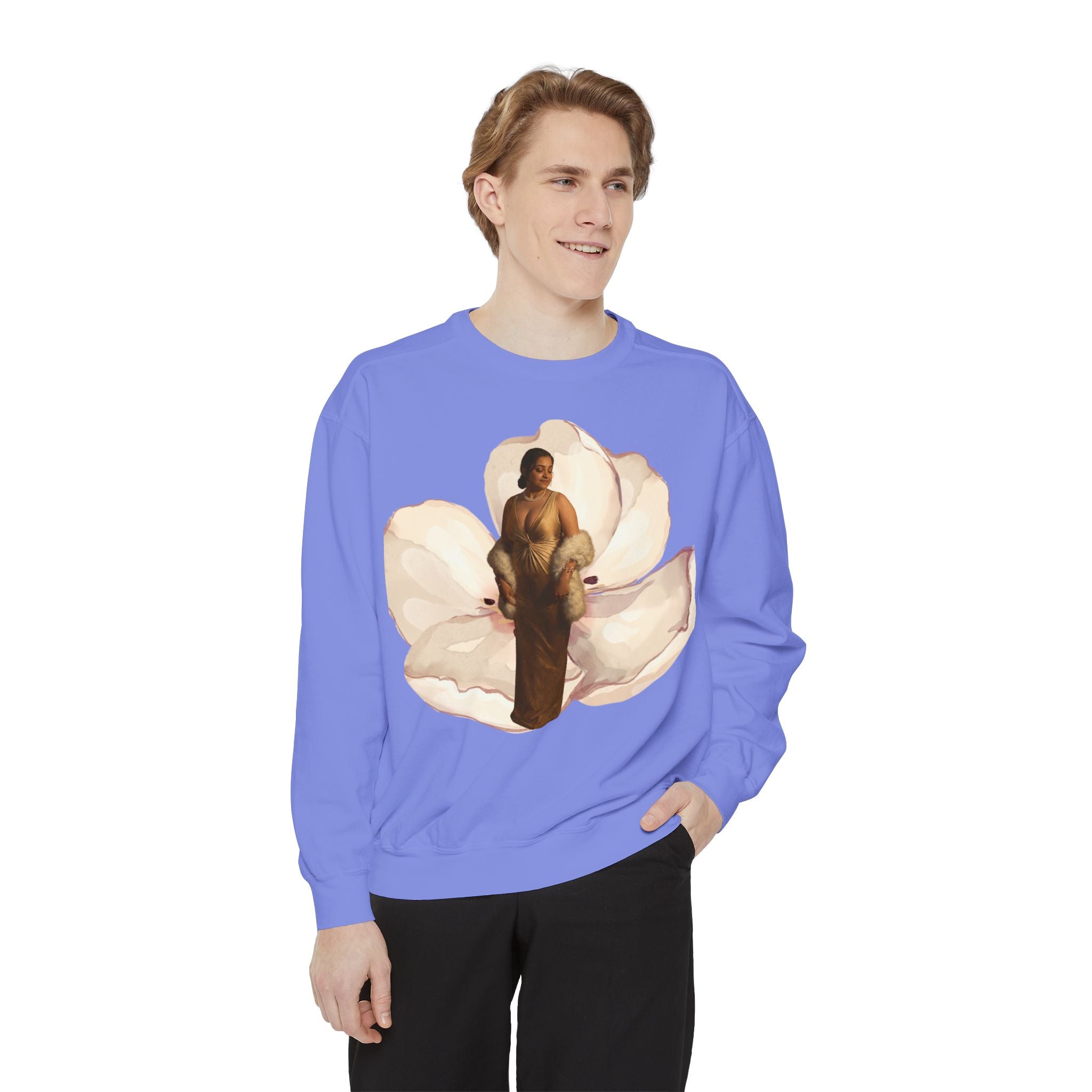 Floral Portrait Sweatshirt — Vintage Gold Frame Art Crewneck