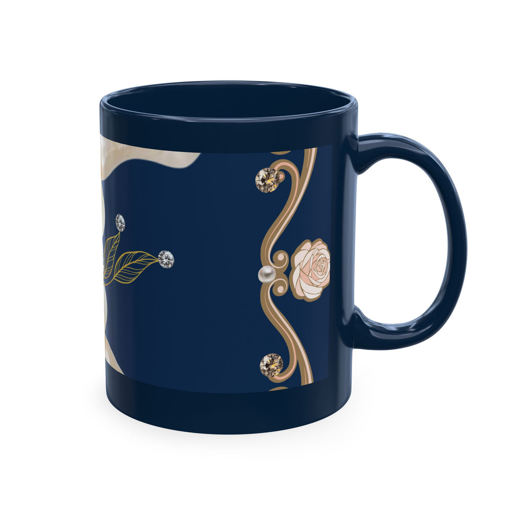 Pearl & Diamond Navy Ceramic Mug — Elegant Vintage Jewelry Design