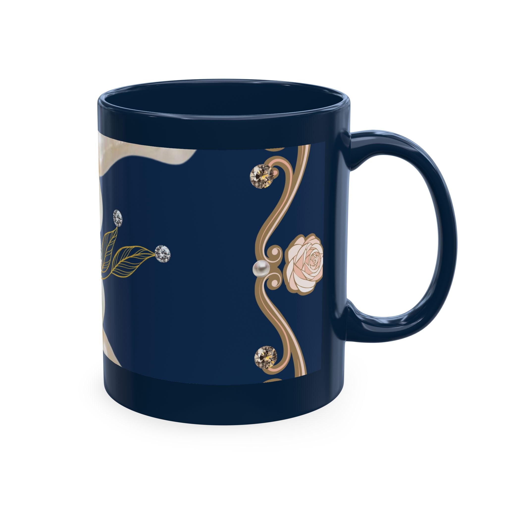 Pearl & Diamond Navy Ceramic Mug — Elegant Vintage Jewelry Design