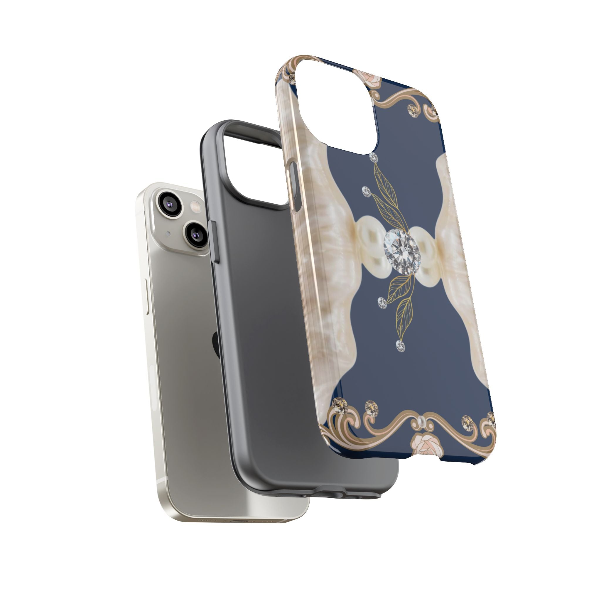 Navy Pearl & Diamond Phone Case — Elegant Floral Baroque Tough Case
