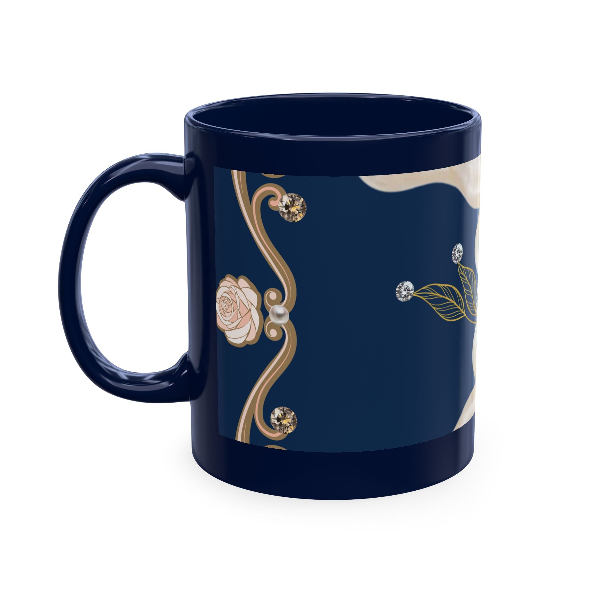 Pearl & Diamond Navy Ceramic Mug — Elegant Vintage Jewelry Design